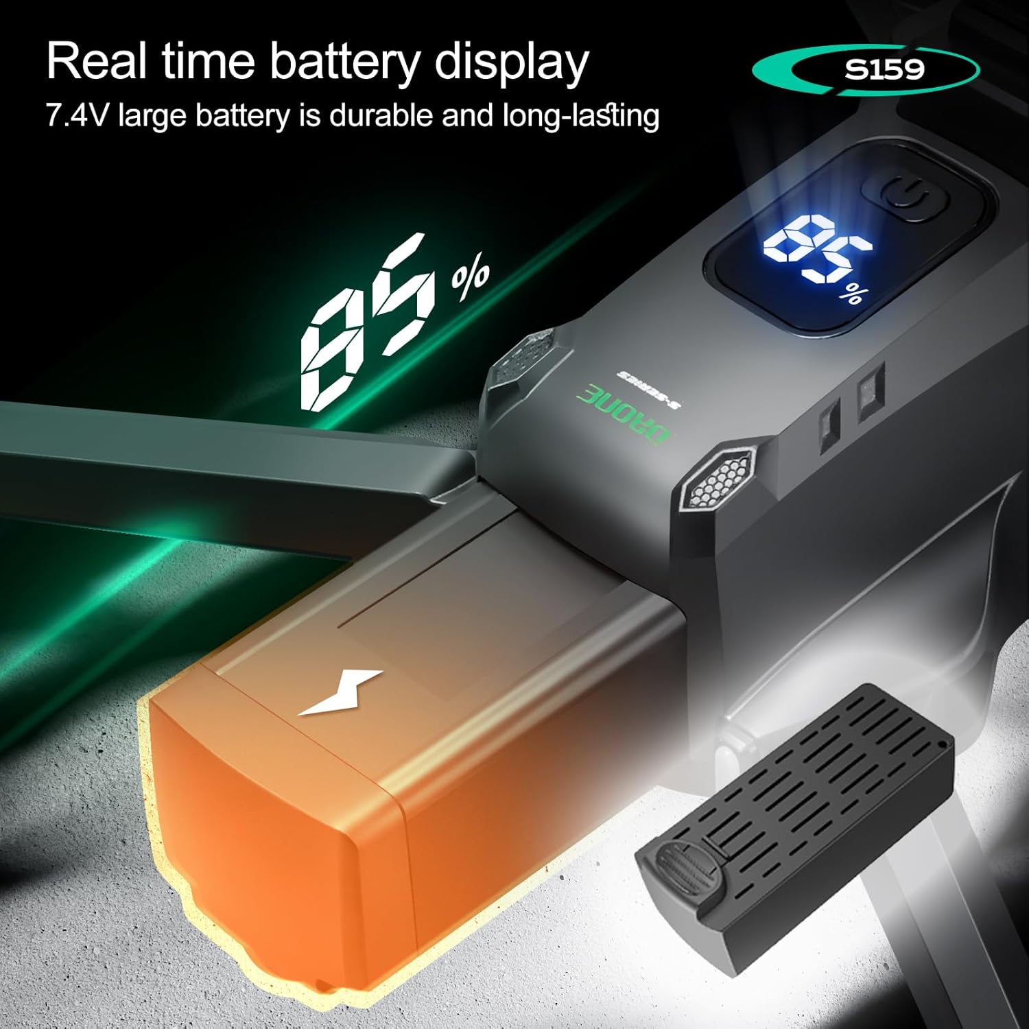 S159 Battery installed in drone showing real-time display