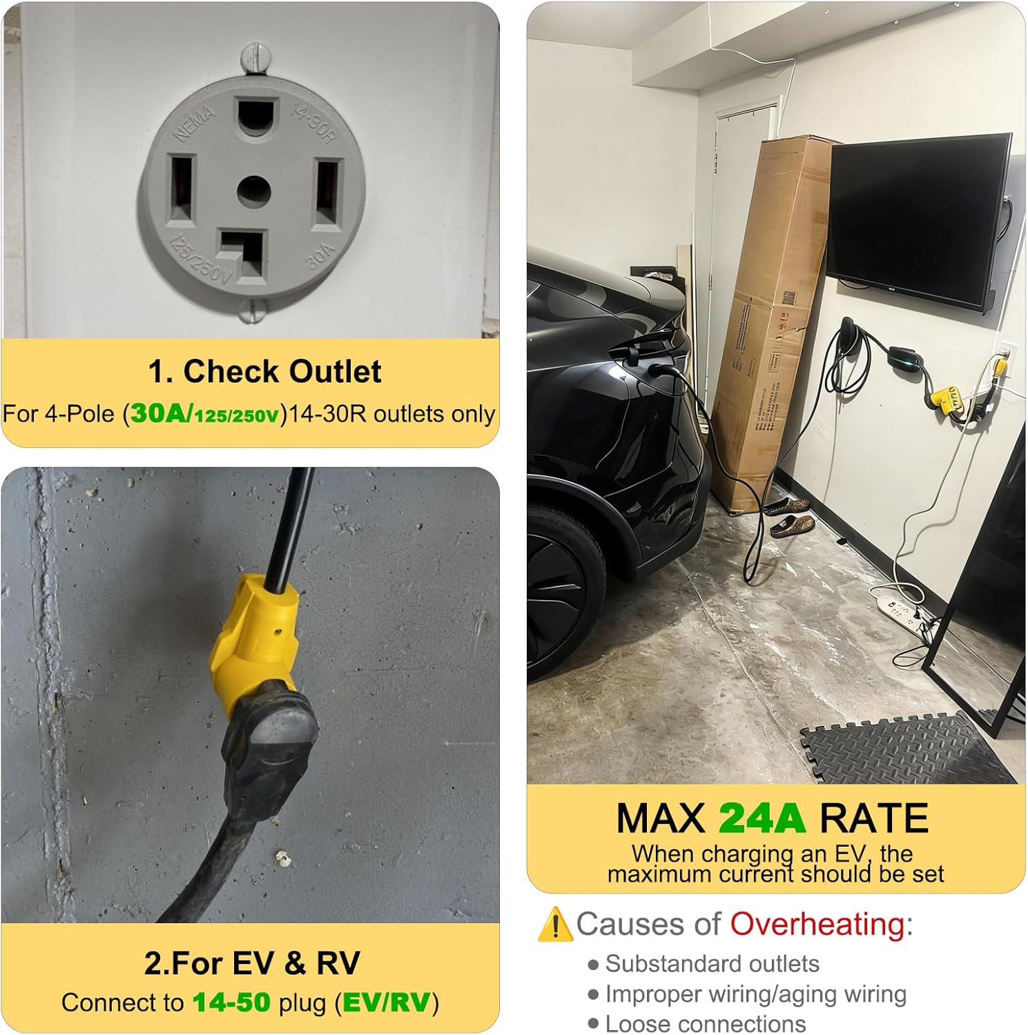 20ft EV Charger Adapter Cord NEMA 14-30P to 14-50R, 30 Amp 4 Prong Dryer to 50 Amp 4 Prong EV/RV Adapter(Max 24Amp 240V) for Tesla or EV Level 2 Charging, Heavy Duty, ETL Listed