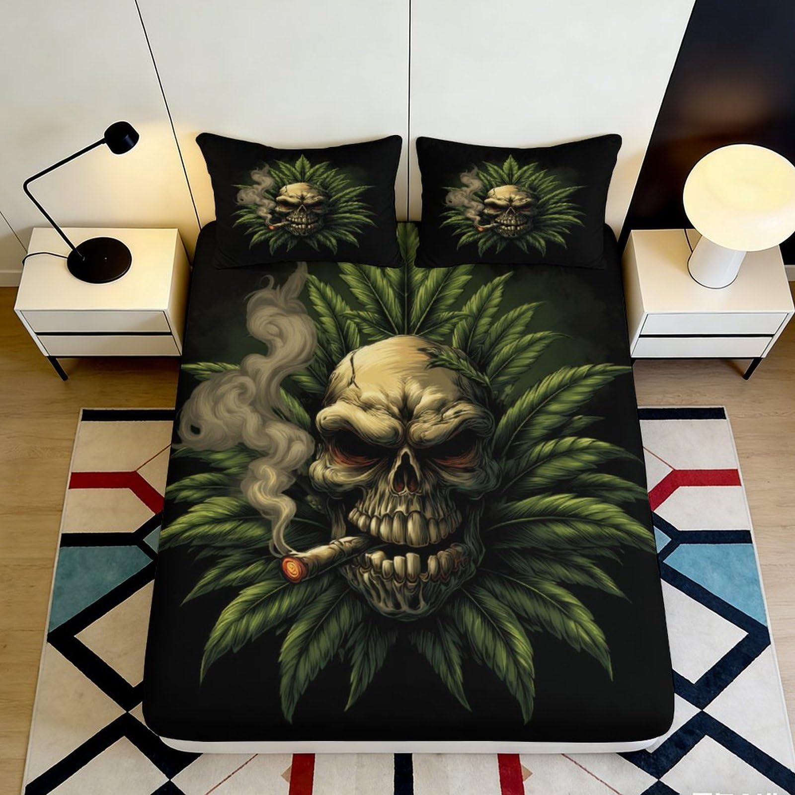 3D Printed Smoking Skull Fitted Sheet Microfiber Green Leaf Bed Cover for Bedroom Decor Dorm Mattress Protection 90x200x25cm