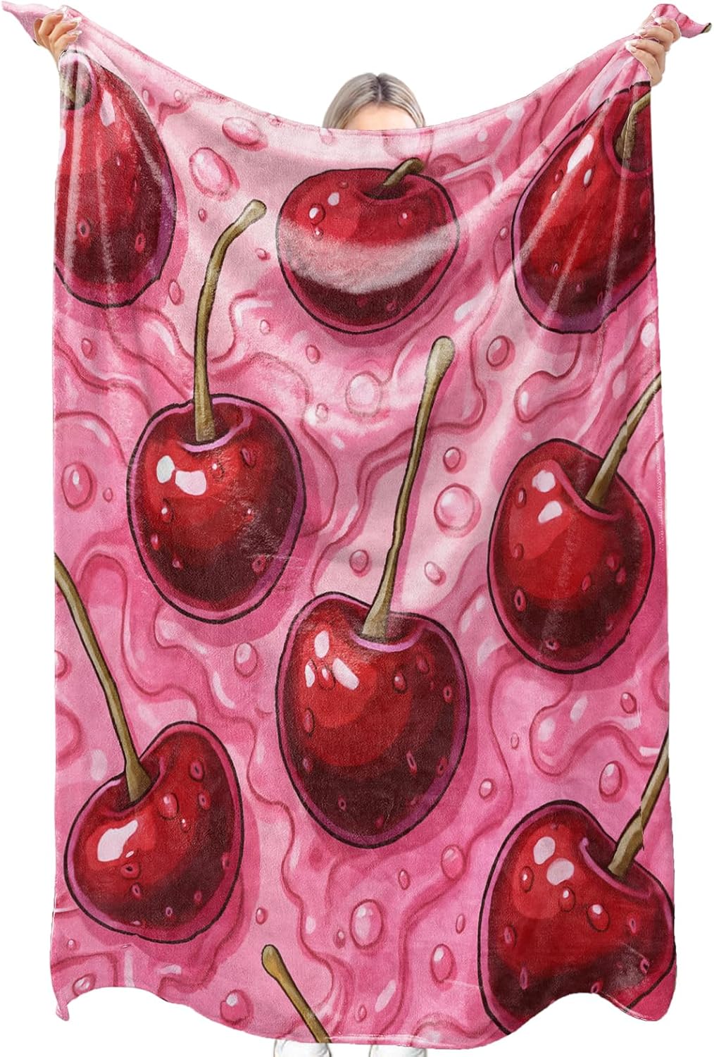 Cute Red Cherry Flannel Blanket Fun Cartoon Fruit Pink Jam Throw Blankets Lightweight Fluffy Shaggy for Party Chair Bed Sofa Camping Travel,Home Decor,Gifts Women Adults,60x80in