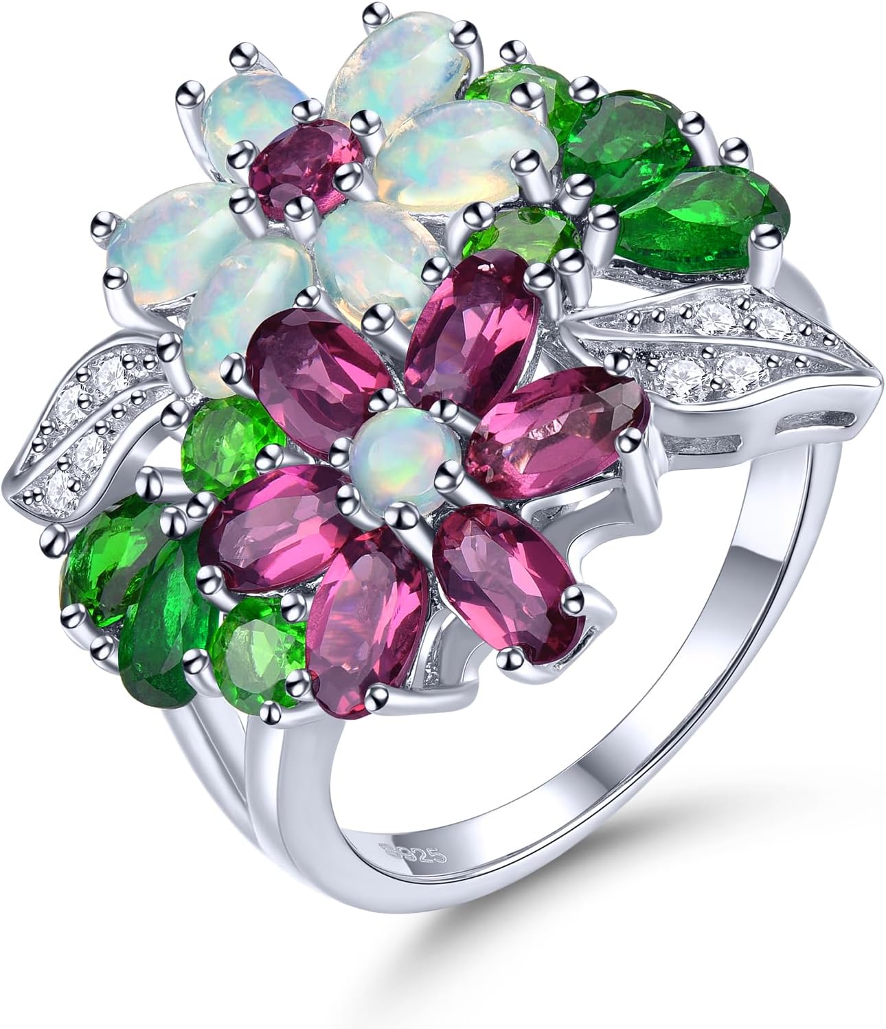 Women Rings for Womens S925 Sterling Silver Setting Natural Gemstone Rhodolite Garnet Opal Chrome Diopside Birthstone Promise Ring Cubic Zirconia Fine Jewelry