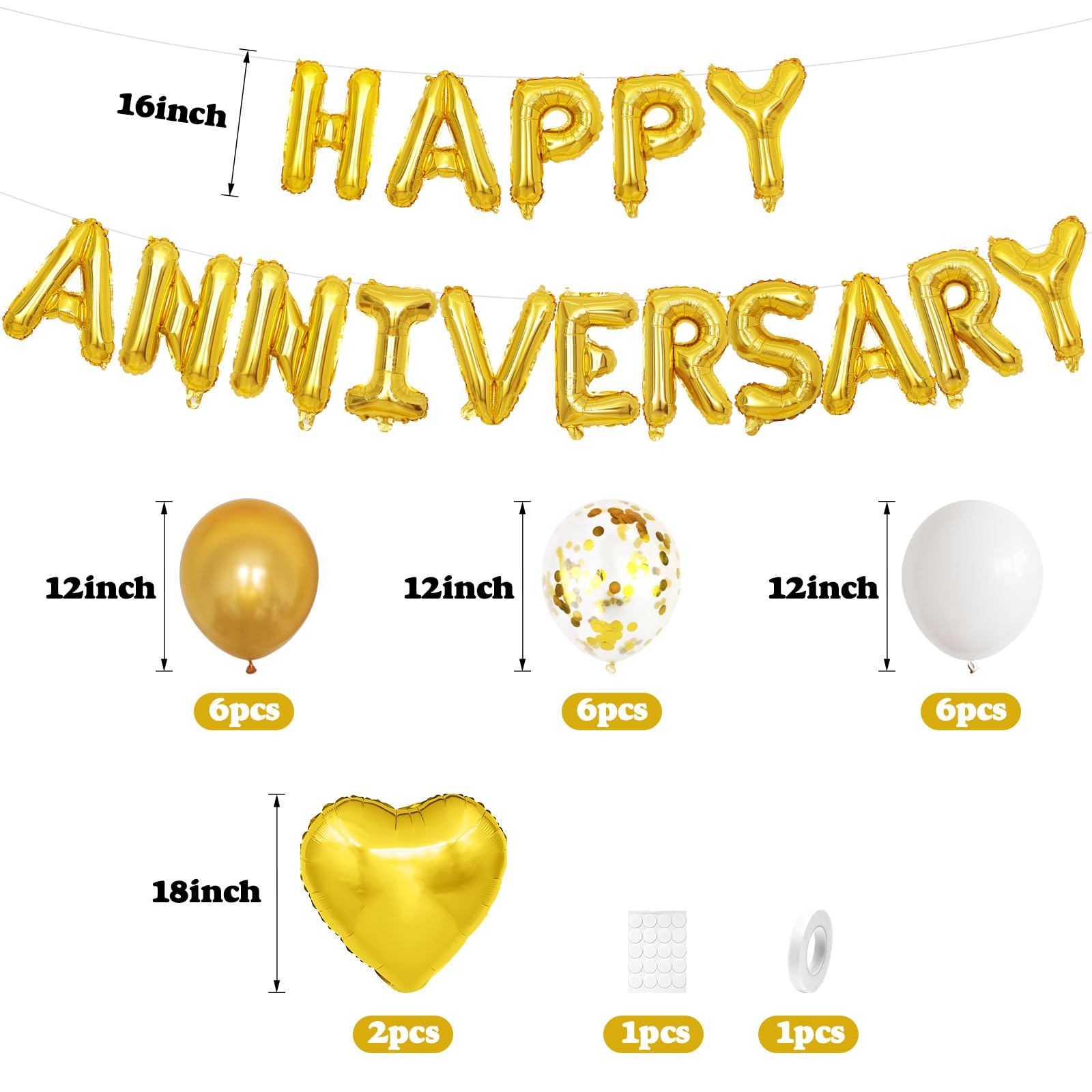 Anniversary Decorations Gold White,Happy Anniversary Foil Balloon Banner with Confetti,Latex,Foil Heart Balloons for Celebrations Surprise Events Romantic Night Weddings - Image 2