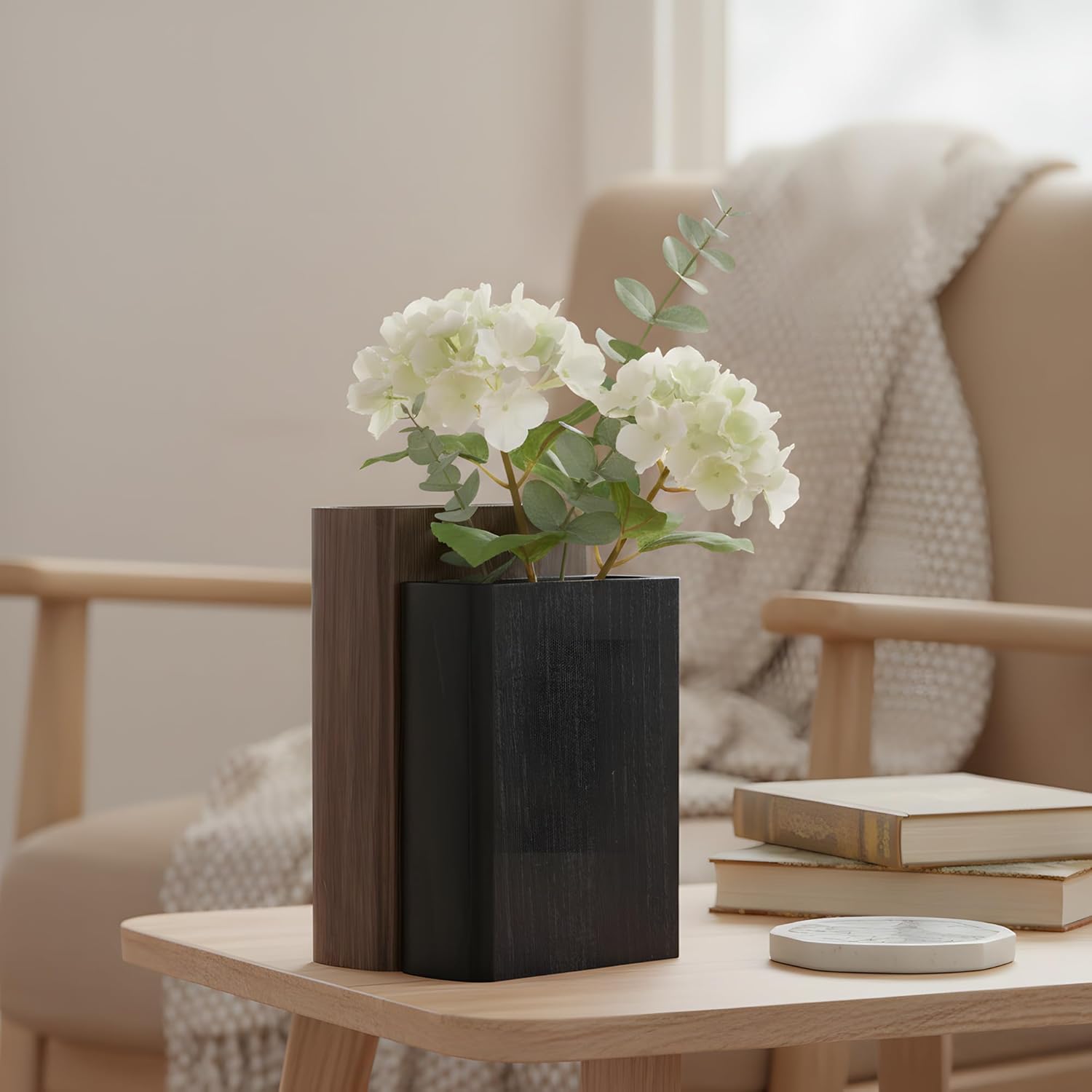 Wooden Book Vase – Rustic Farmhouse Bookshelf Decor for Living Room, Bedroom & Office, Idea for Women Book Lovers Gift, Decorative Dried Flower Holder (Not for Water)