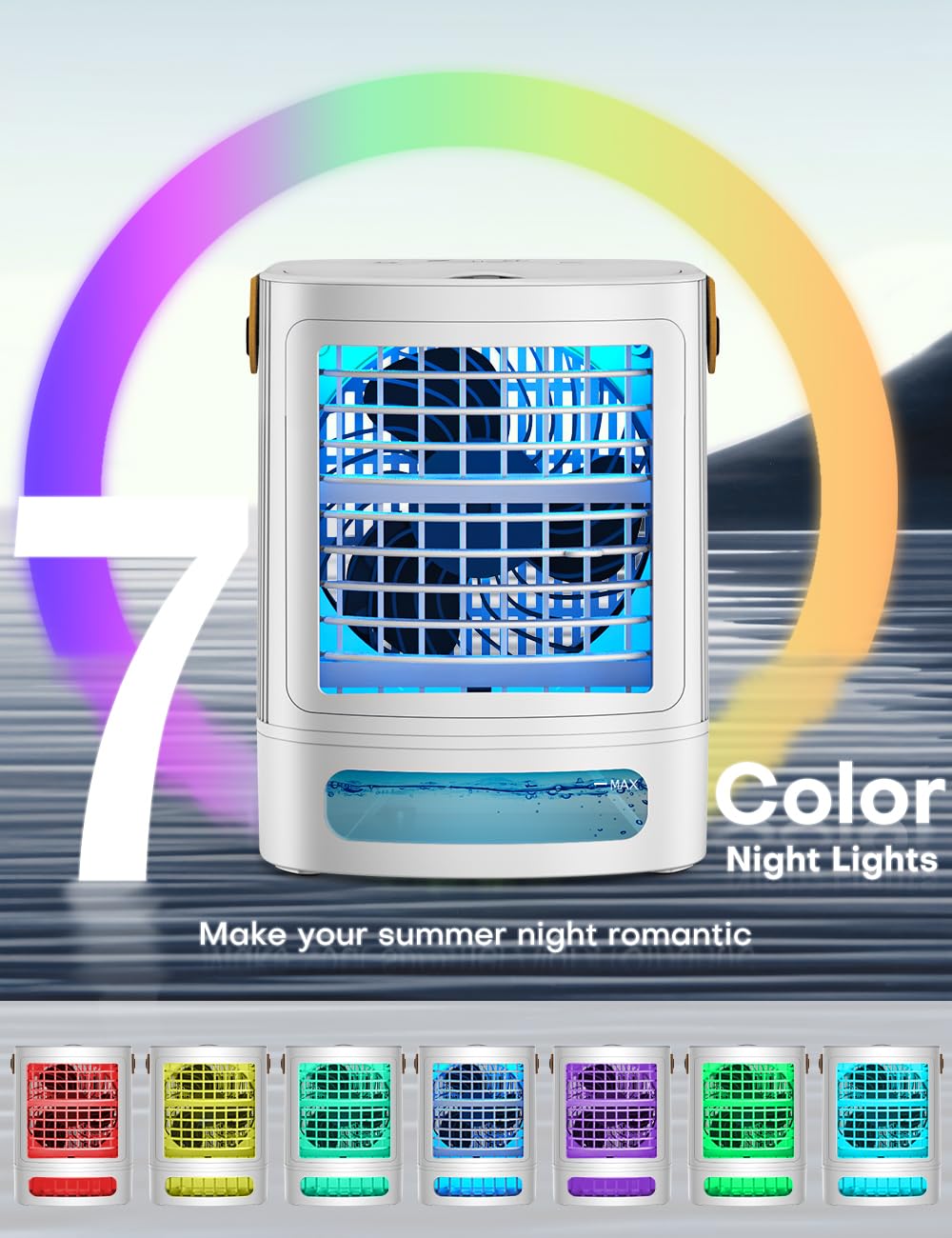 BALKO Portable Air Conditioners, 3-IN-1 Mini Air Conditioner w/ 3-Level Humidify & 3 Speeds,Top Refill Tank for 8-Hour Cooling,7-Color Night Light Evaporative Air Cooler for Small Room Bedroom Desktop