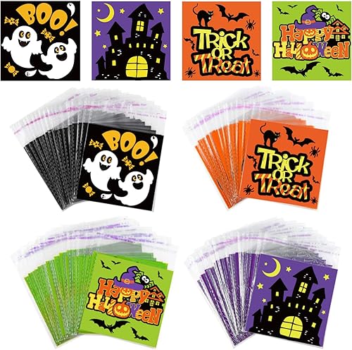Whaline 240 bolsas de celofán para Halloween, autoadhesivas, para Halloween, dulce o truco, casa embrujada, bolsas de regalo, bolsas de regalo para
