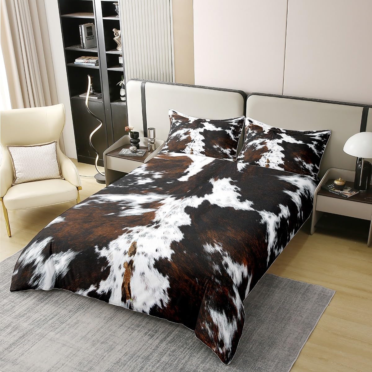 Castle Fairy Cowhide Print Cotton Duvet Cover(Not Comforter) for Kids Adults,Brown White Cow Fur Pattern Bedding Set King,Rustic Farmhouse Style Wild Animal Comforter Cover 3 Pcs with 2 Pillowcases