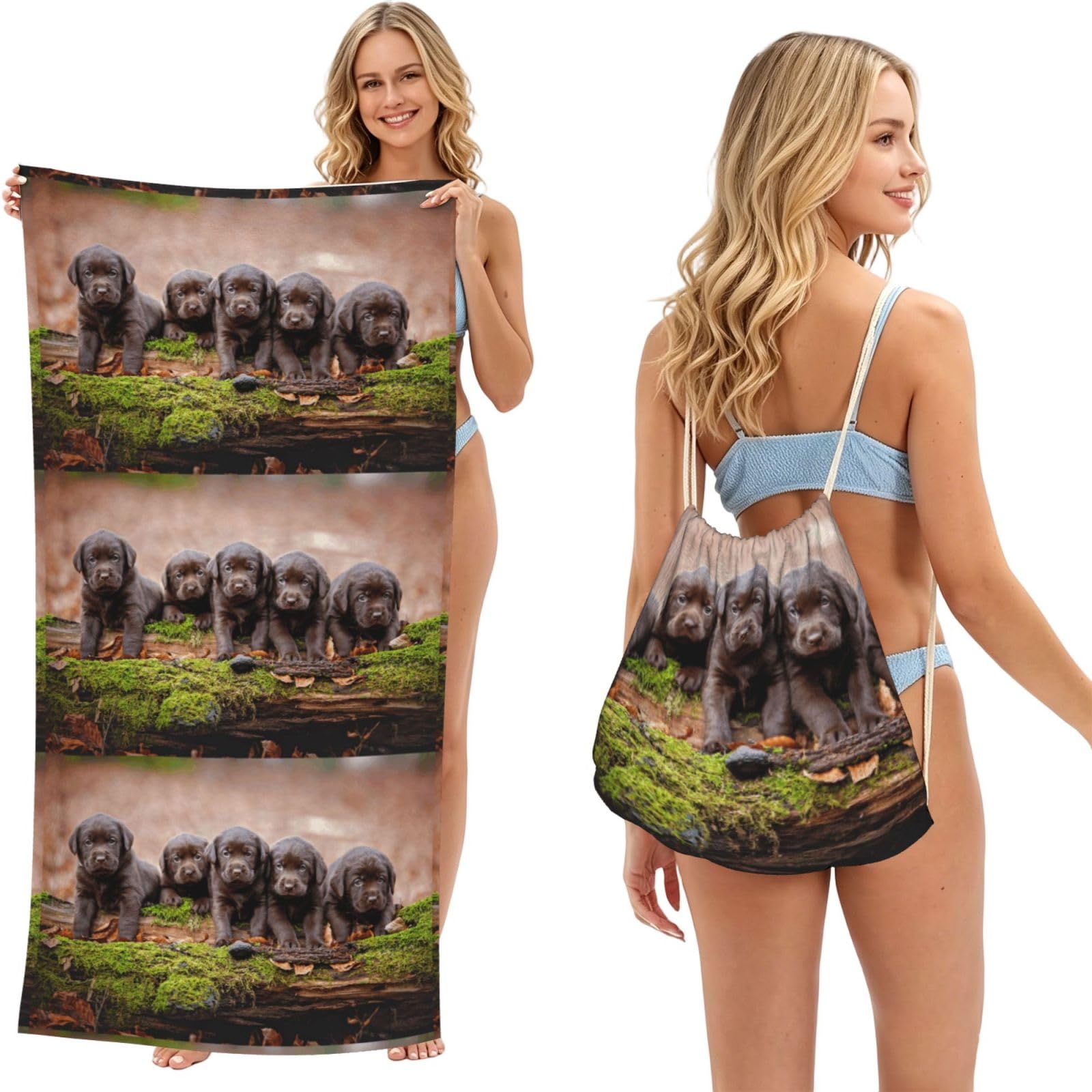Poadnly As Picture Labrador Puppies Brown Little Puppies Family, 2 In 1 Packable Towel Bag, Beach Towels With Drawstring Backpack For Travel Holiday Camping