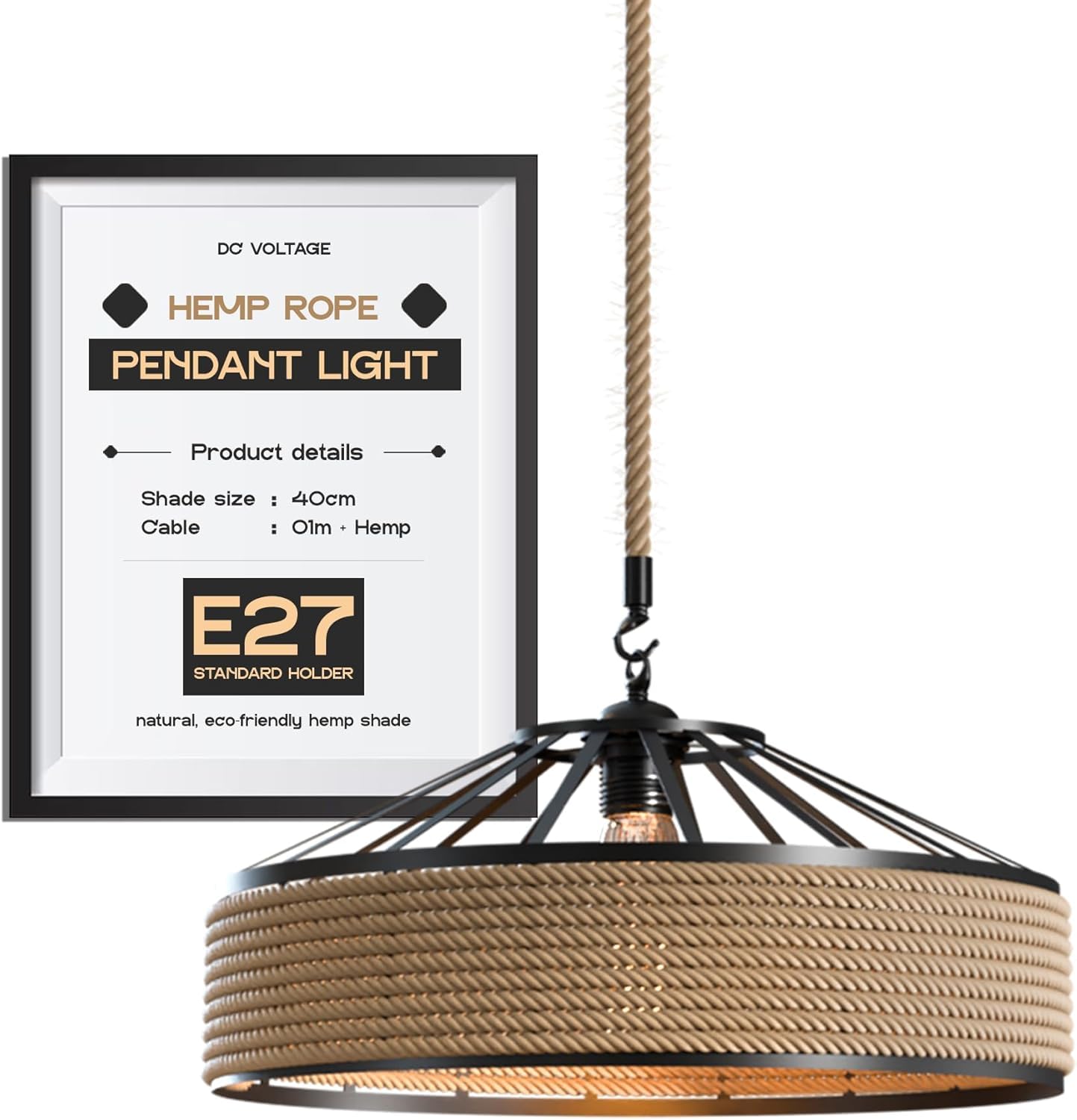 Dc Voltage 40Cm + 1M Hemp Rope Industrial Metal & Rope Pendant Light Shade 40Cm Retro Hemp Rope Black Ceiling Lampshade With 1M Adjustable Rope Pendant Lamp Shade For Living Room Bedroom Kitchen Hallways