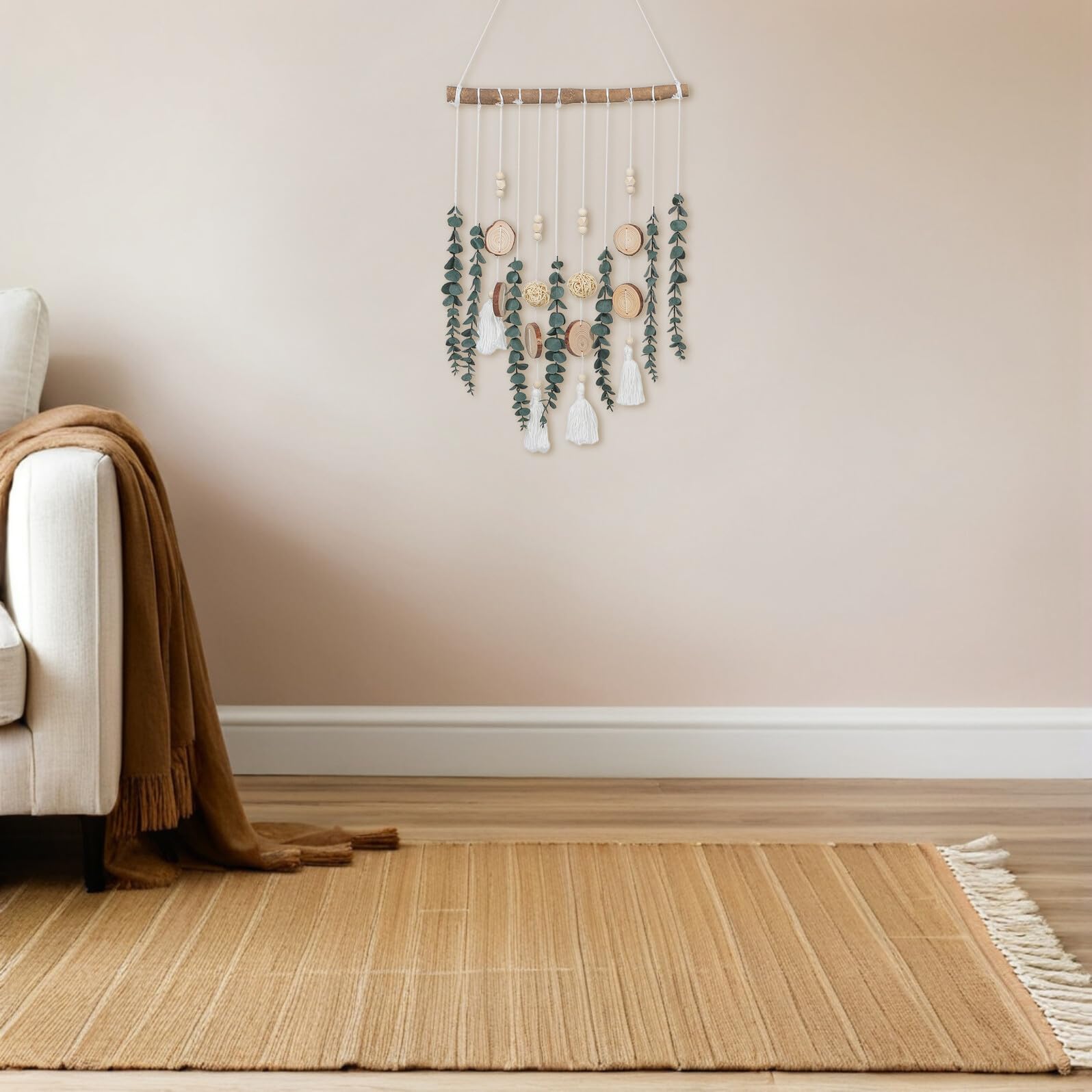 Decorazione da Parete Foglie di Eucalipto Artificiali e Perline di Legno Stile Boho-country per Interni Rustici Moderni Facile Installazione senza Danneggiare Superfici