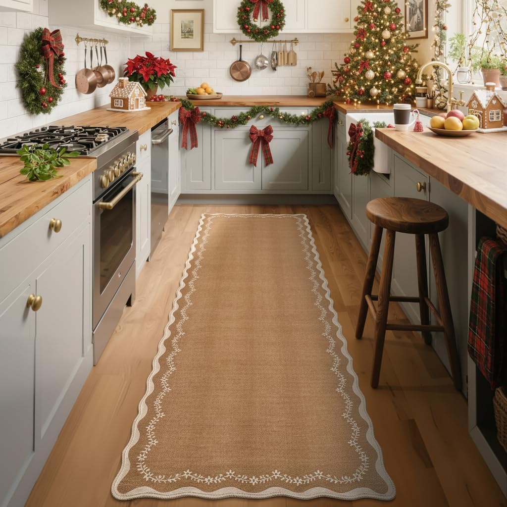 GarveeHome Scalloped Entryway Rug, 2x3 Solid Blue Washable Front Door Rug Indoor Entrance Floral Carpet Non-Slip Low Pile Throw Rugs for Kitchen Floor, Powder Room, Entry, Bathroom, Kids Room