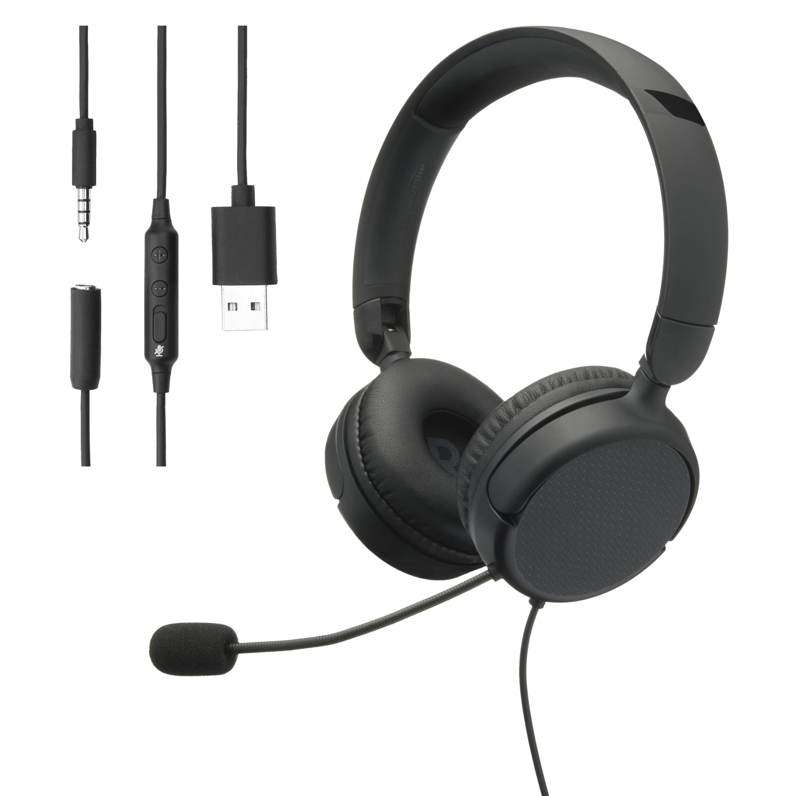 Amazon Basics, Cuffie per computer cablate, con microfono, pieghevoli, taglia unica, nero