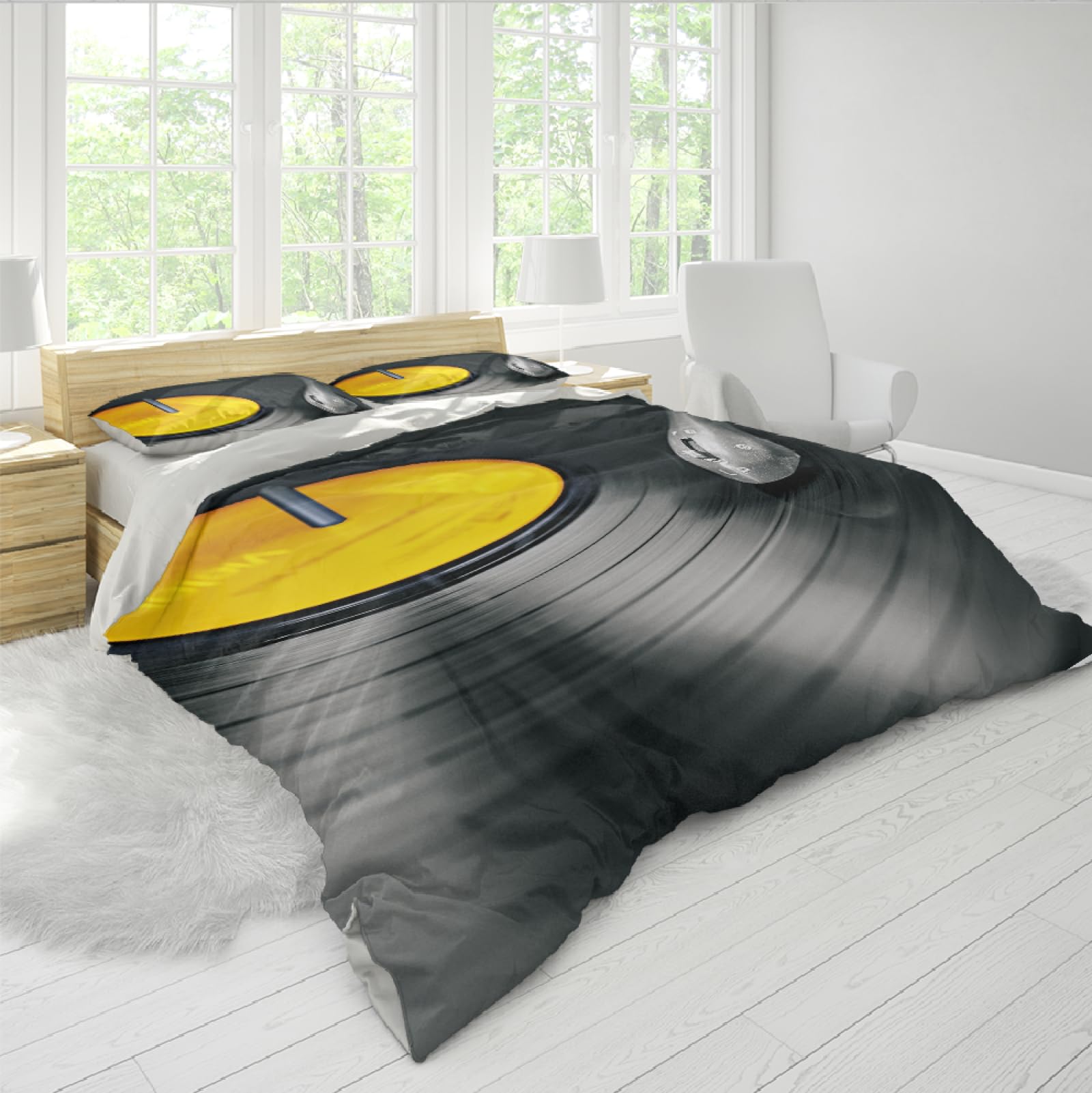 Abstract Art Duvet Cover Record Soft Microfiber Bed Quilt Cover con 2 federe Easy Care Yellow and Black Bedding Set di 3 pezzi 220x240cm