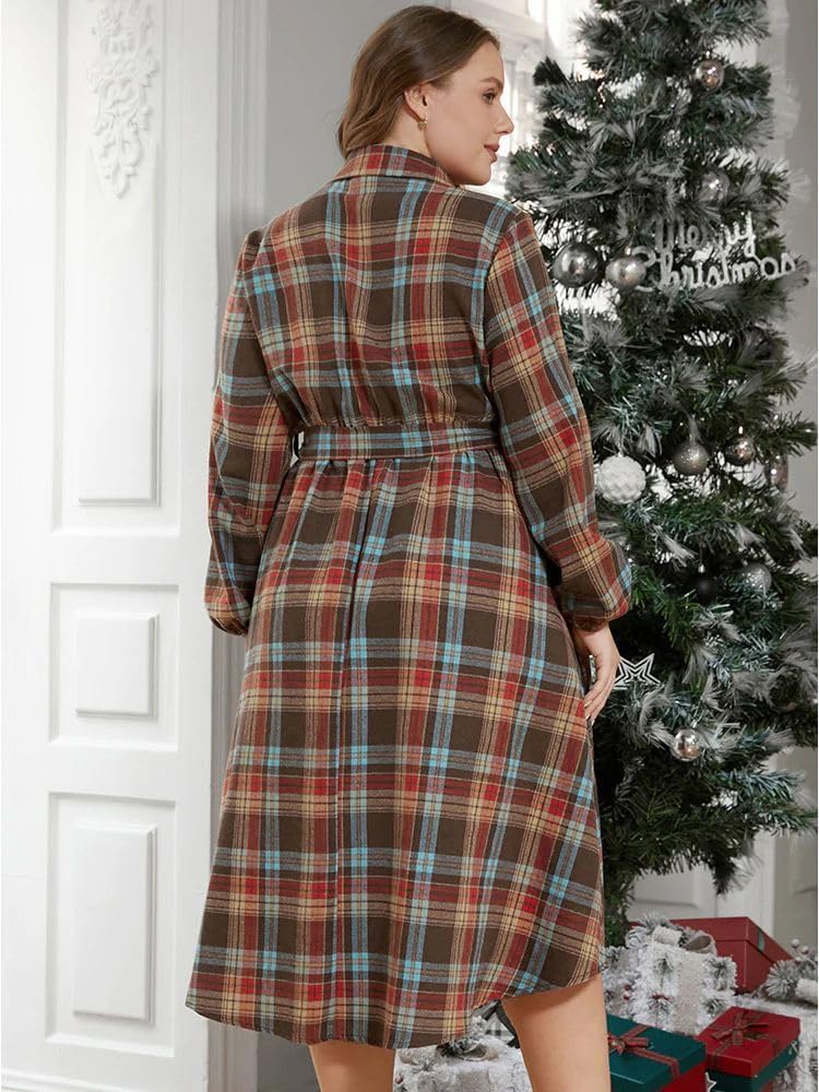 utcoco Women's Plus Size Fall Belted Plaid Shirt Dress Long Sleeve Button Down Midi Dress with Pocket - Image 6