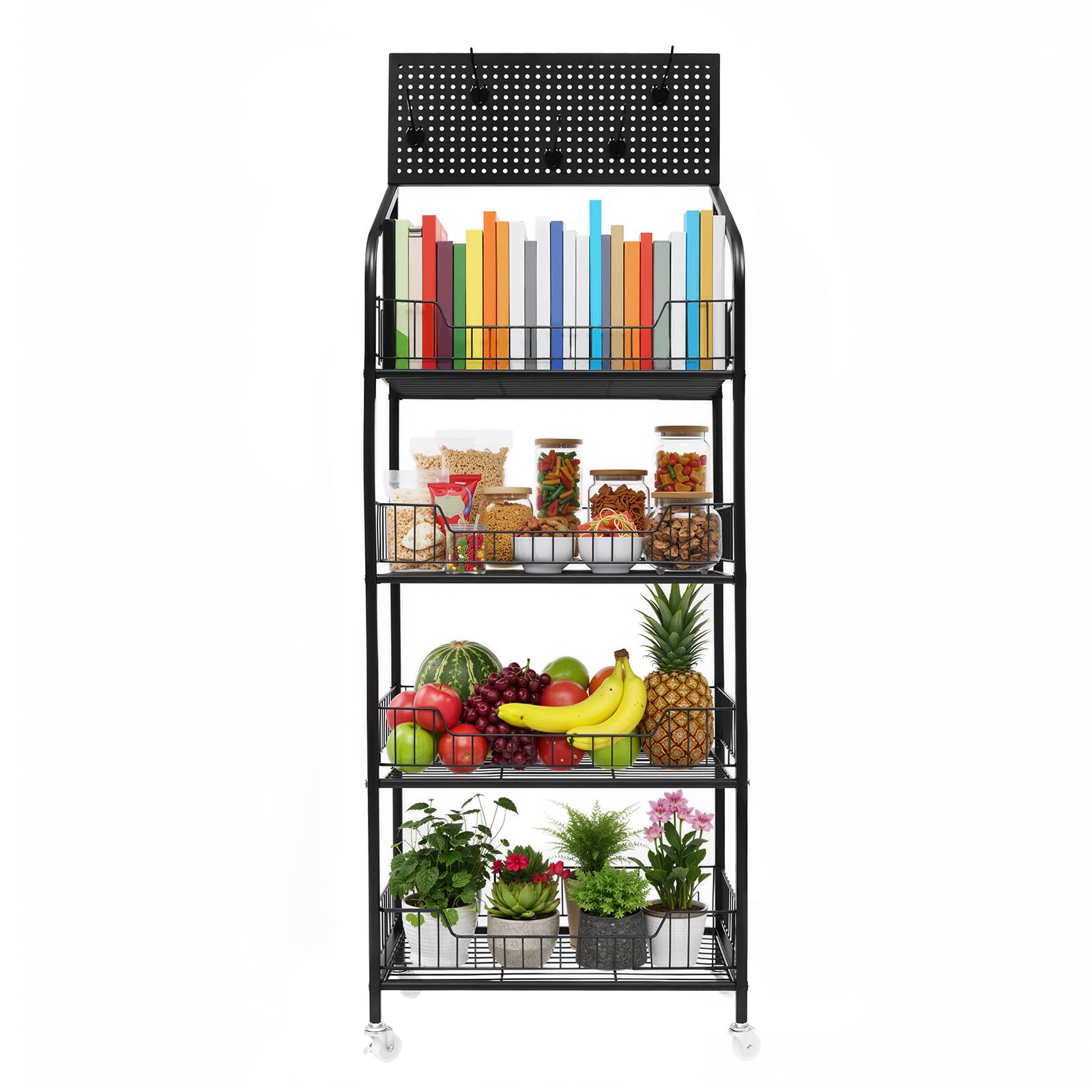 Jiabailie 4 Tier Snack Display Rack,Heavy Duty Retail Display Shelves with Wheels and Hooks,Metal Snack Organizer Stand,Storage Shelf Chip Cart for