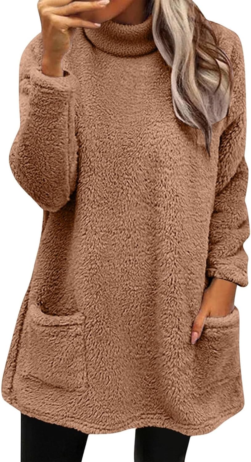 Cozy Sweaters for Women Sherpa Long Sleeve Mock Neck Tops Turtleneck Fleece Tunic Sweater with Pockets Loungewear