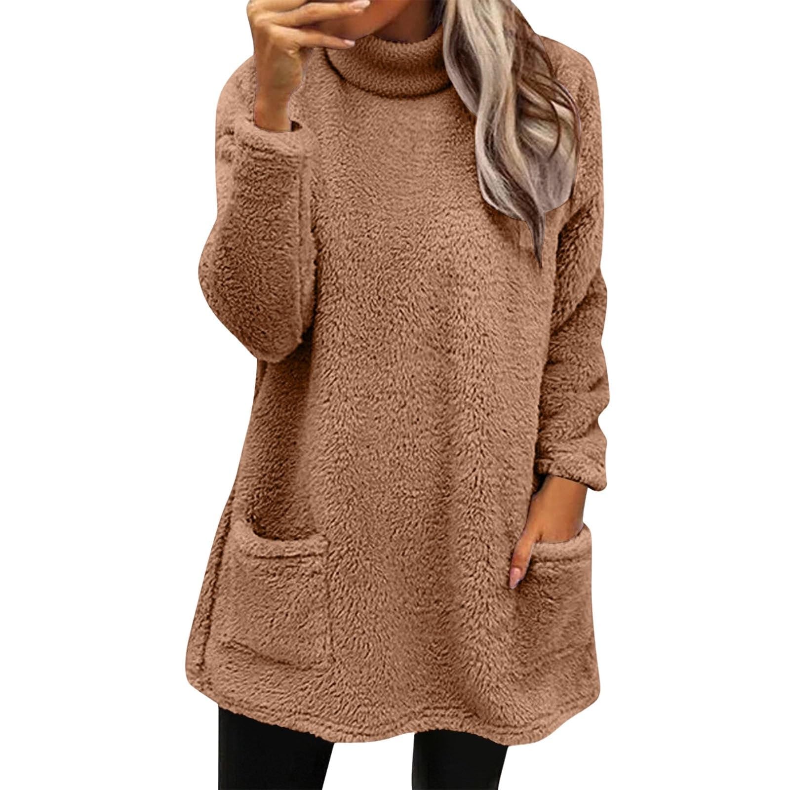 Cozy Sweaters for Women Sherpa Long Sleeve Mock Neck Tops Turtleneck Fleece Tunic Sweater with Pockets Loungewear