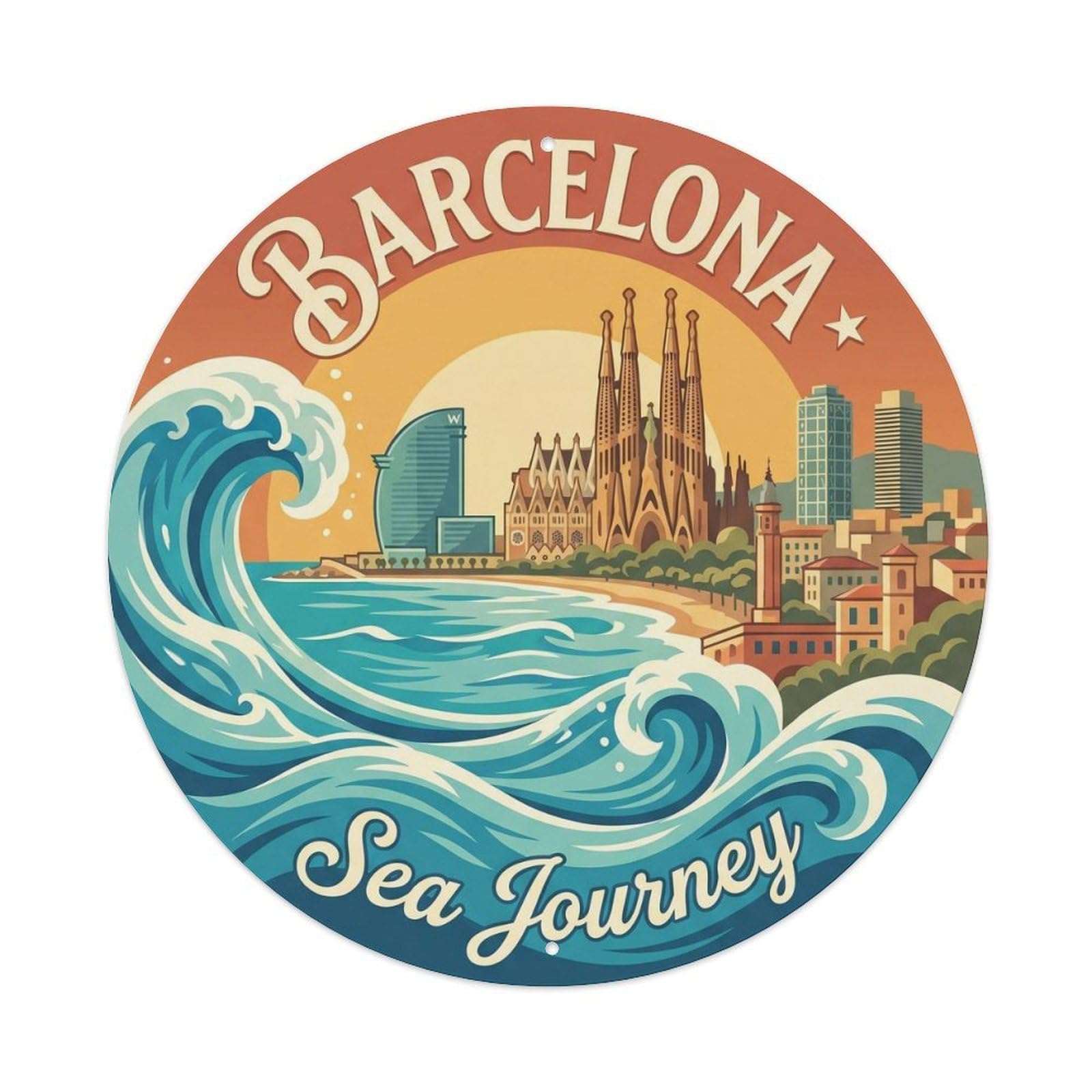 Classic Barcelona Cityscape Waves Mediterranean Journey Travel Metal Tin Sign Plaque Wall Decor for Cafe, Man Cave, Club Bar, Office, Home Garden Round Metal Poster 8x8Inch