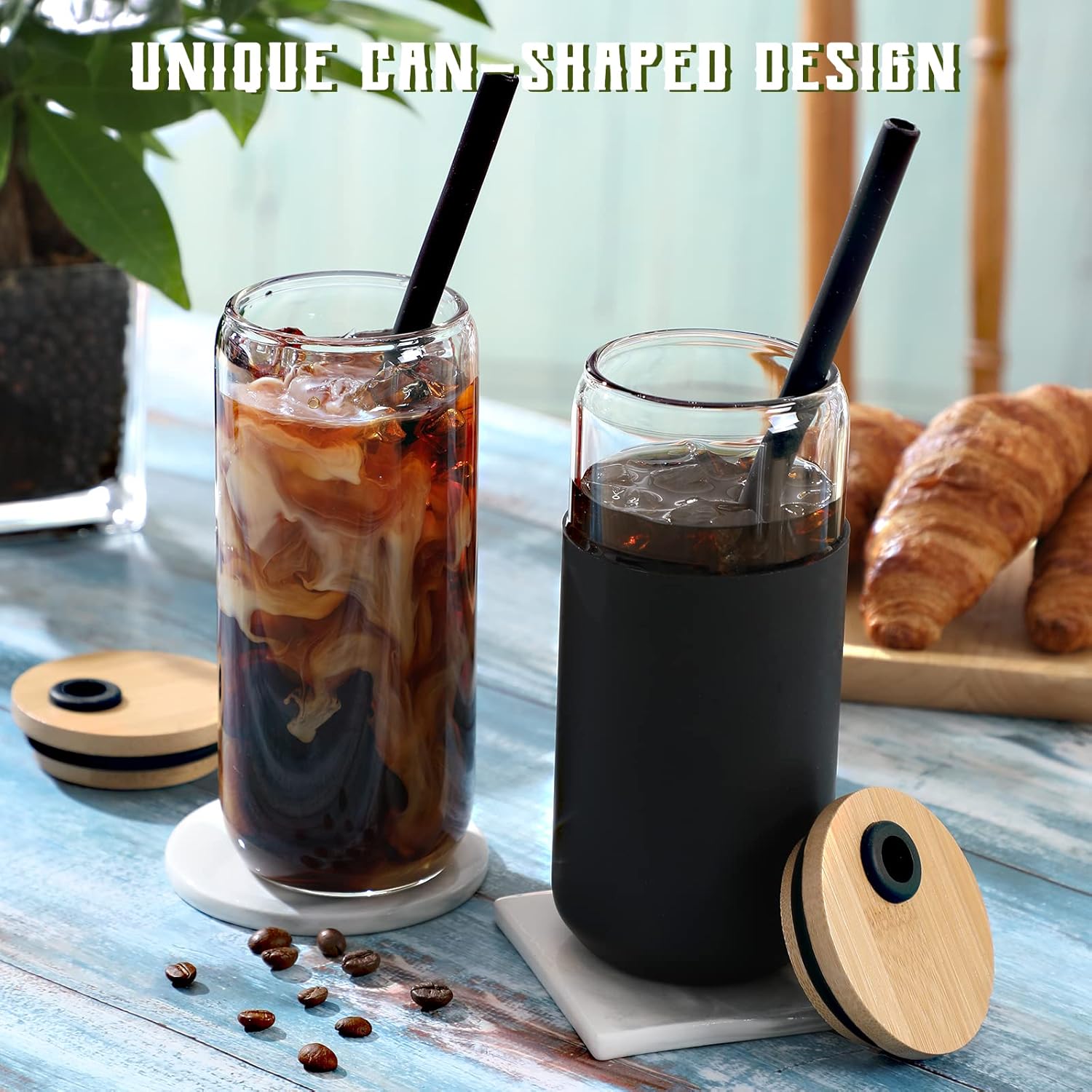 20oz Glass Water Tumbler with Silicone Protective Sleeve - Beer Can Shaped Glass Cups with Straw and Bamboo Lid, Iced Coffee Glasses, Cute Drinking Glasses for, Water Smoothie, Boba Tea, Gift - Black