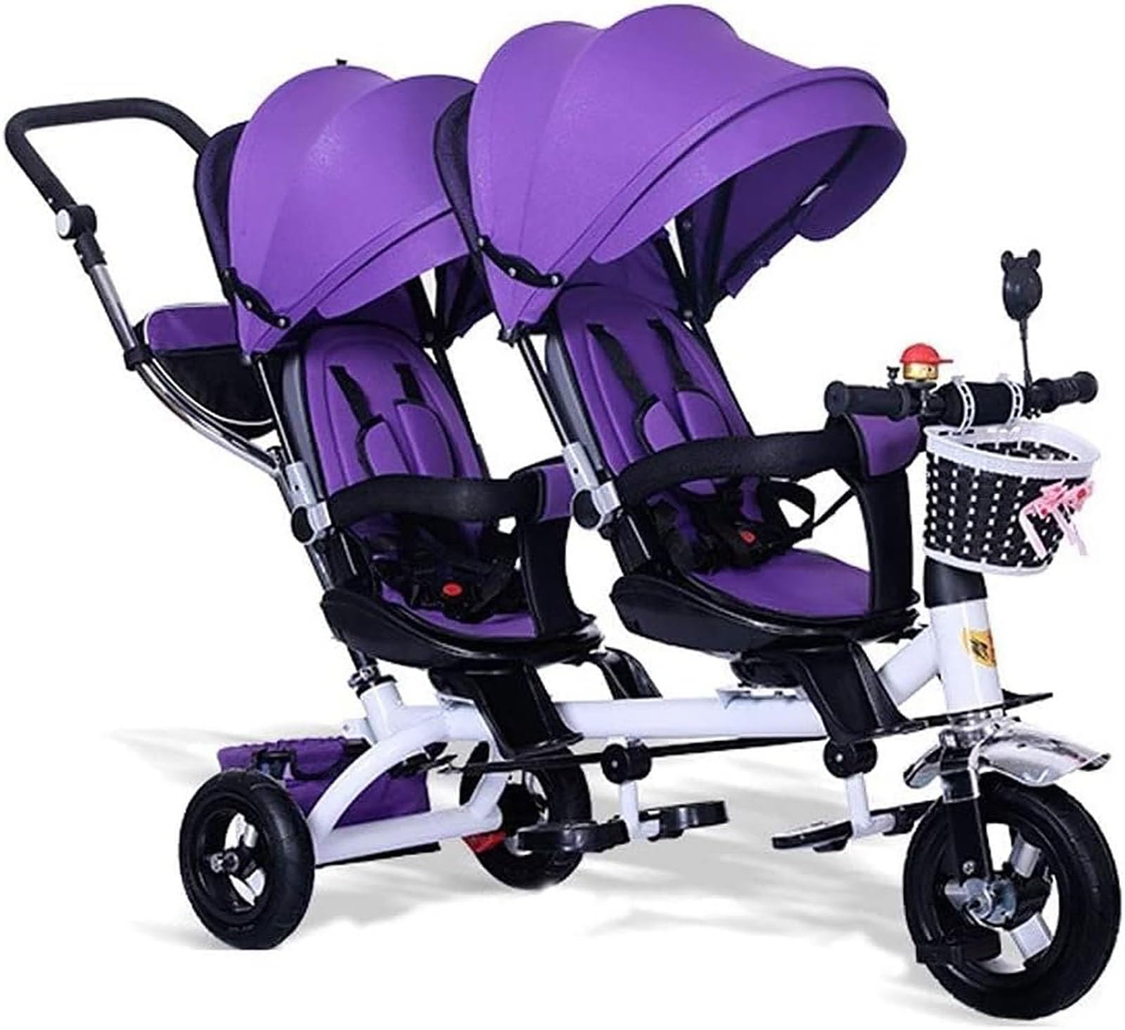 Triciclo per bambini, Triciclo gemellare quattro in uno per bambini, bicicletta a pedali a due posti, passeggino con parasole, maniglia posteriore rimovibile/pedali retrattili(Purple)
