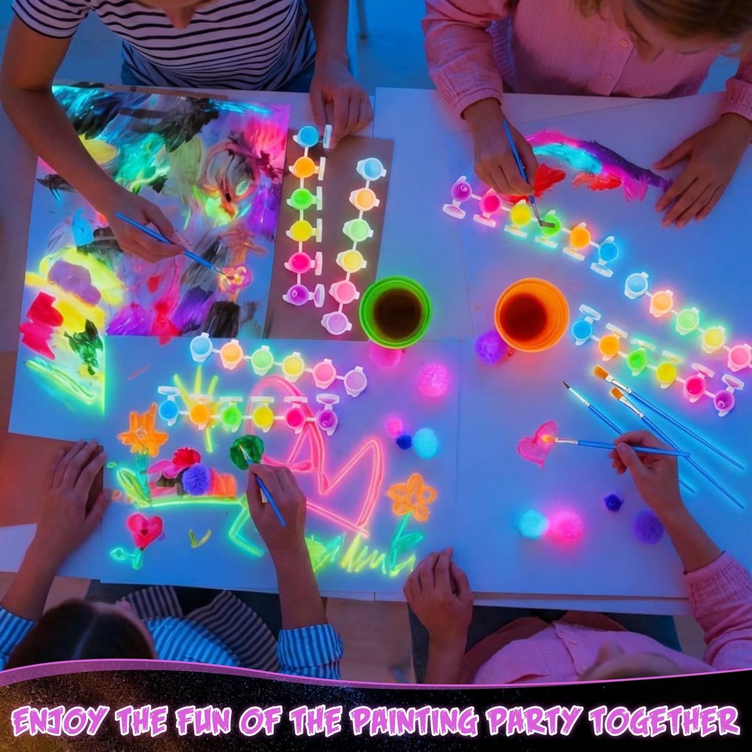 48 Set Glow in The Dark Mini Acrylic Paint Kit 96 Paint Brushes and 48 Pcs 6 Color Acrylic Strips Long Lasting Glow Fluorescent for Art DIY Carnival Easter Christmas Decor