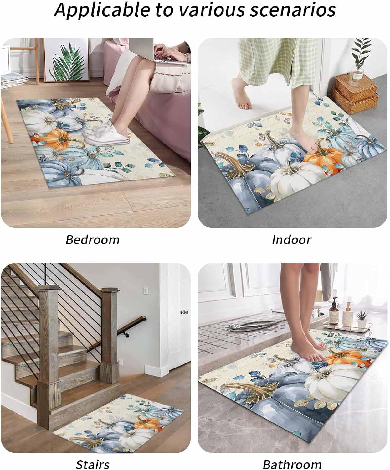 Fall Front Door Mat Outside Entrance, Autumn Blue Orange Pumpkin Outdoor Indoor Low Profile Door Mats for Entryway, Funny Thanksgiving Eucalyptus Leaves Retro Welcome Mat Entry Doormats