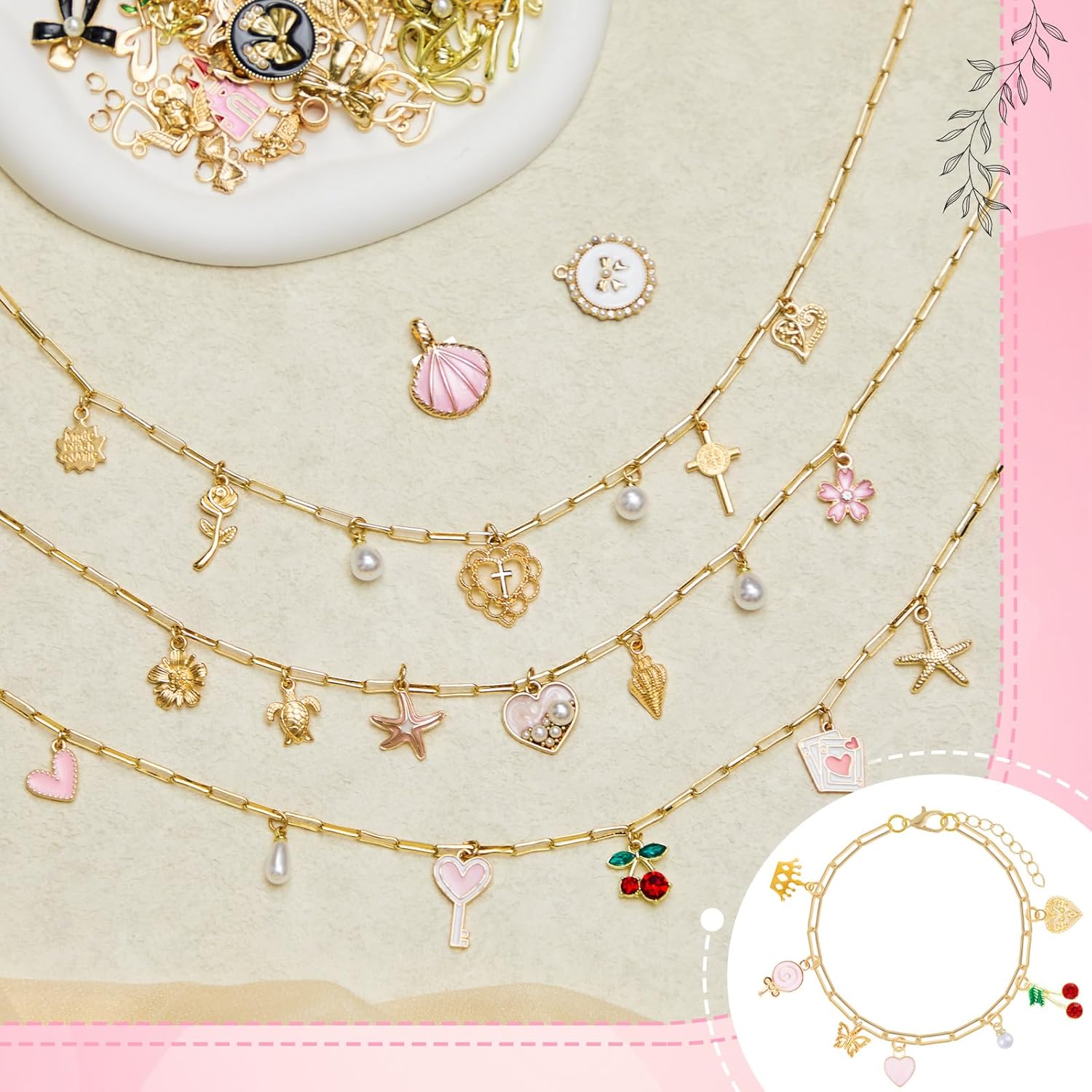 Quelay 328 Pcs Coquette Vintage Charm Necklace Making Kit Bulk for Women DIY with 118 Charms 200 Jump Rings 5 Necklaces 5 Bracelets Tools Accessories for Gift Beginner Arts and Craft Christmas - Image 3
