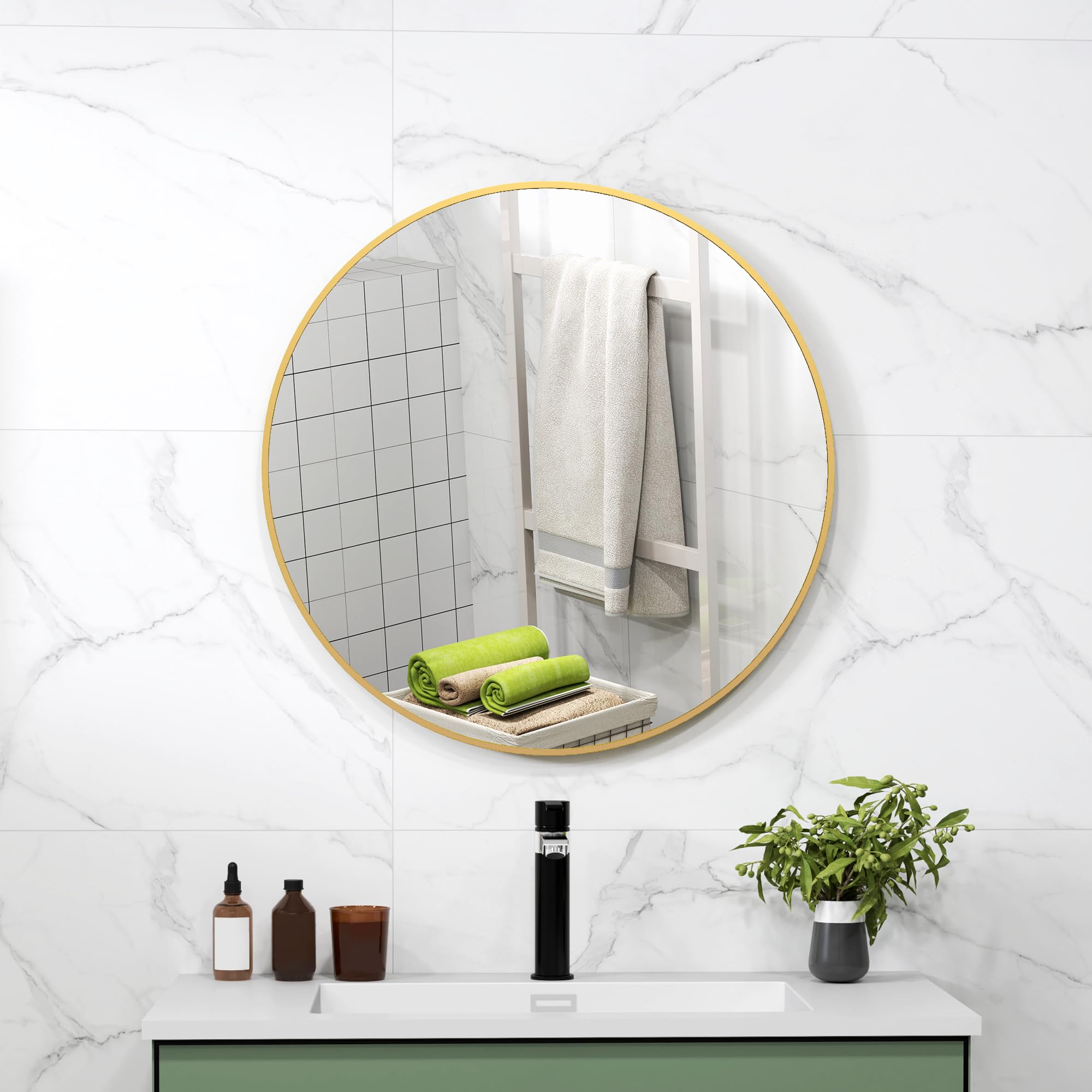 HOMCOM Specchio Bagno Rotondo Ø70cm in Vetro, Specchio da Parete Moderno con Cornice in Metallo, con Superficie Antiurto, per Camera da Letto, Ingresso, Soggiorno, Oro