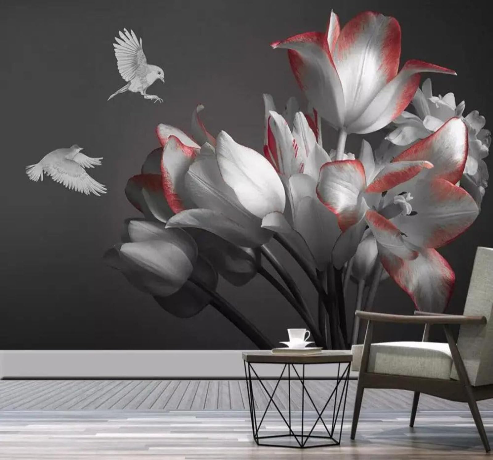 Tzxztt 400Cm×280Cm(B×H) Three Dimensional Cosy Beautiful Tulips Flowers And Birds Modern 3D Wallpaper Premium Textured Silk Neutral Tones Material Ideal For Living Room Bedroom-400Cm×280Cm