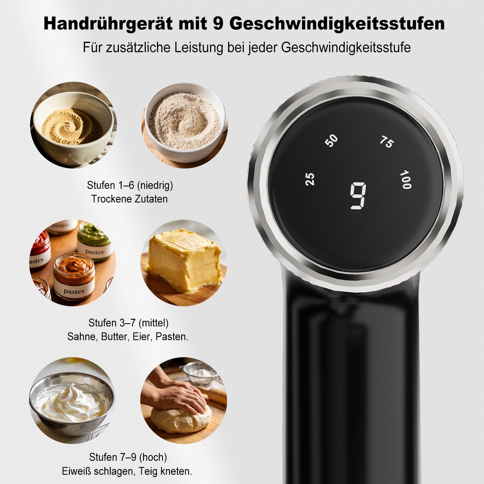 Camic Handmixer mit 9 Geschwindigkeitsstufen, Kabelloser Elektrisch- Handrührgerät mit Schneebesen, Knethaken und Rührstab zum Schlagen von Eiern, Sahne und Marmelade sowie zum Mixen