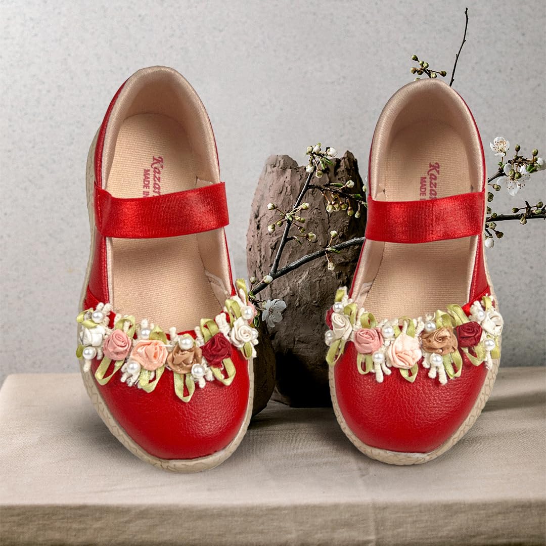 KazarMax Kids Girls Red Floral Ballet Flat Ballerina - 12.5 Kids UK 3