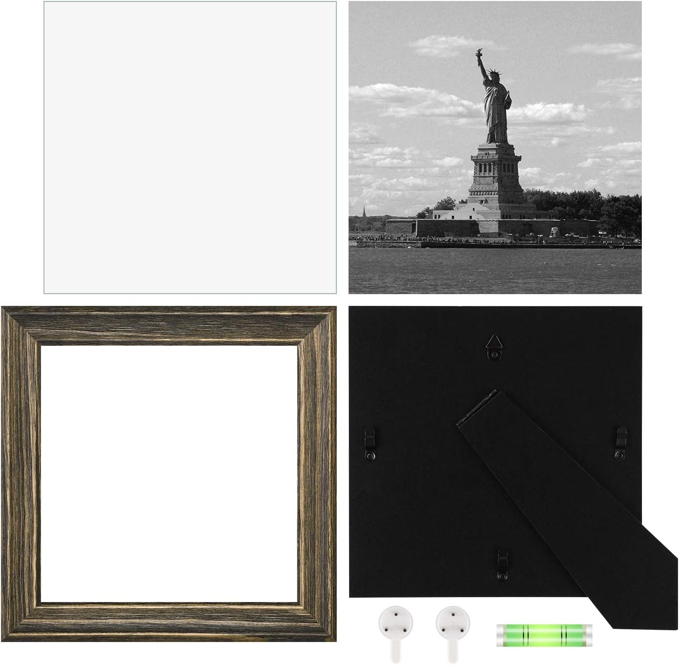 ONE WALL 8x8 Rustic Wood Picture Frame Pack of 2 for Photo, Print Painting, Pinewood Frame with Real Glass for Wall and Tabletop - Mounting Hardware Included, Dark Brown