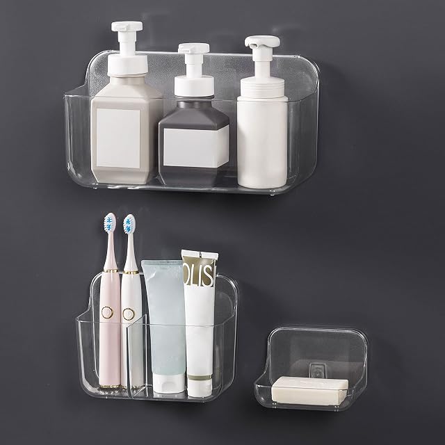 Shower Caddy,Toothbrush Holder,Soap Dish,Shower Accessories Set,Wall Mounted No Drilling Self-Adhesive Storage for Bathroom, Kitchen, Set of 3