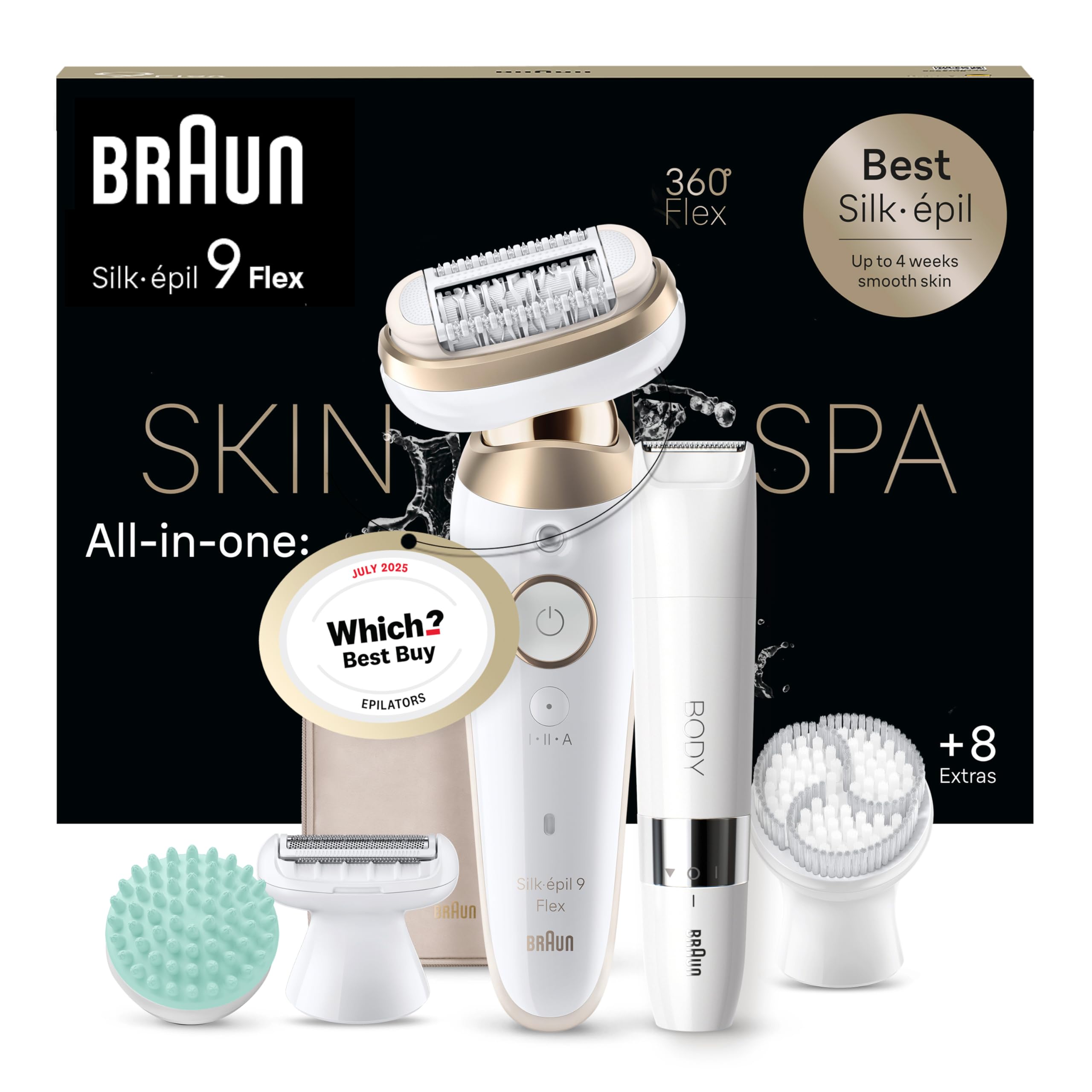 BraunSilk-épil 9 Flex SkinSpa, Epilator with 360° Flexible Head for Easy Hair Removal, Wet & Dry, Lasting Smooth Skin, All-in-One Kit, with Body Mini Shaver, SES9-481 3D, White/GoldGreenCircle Certified: Certified Energy Savings
