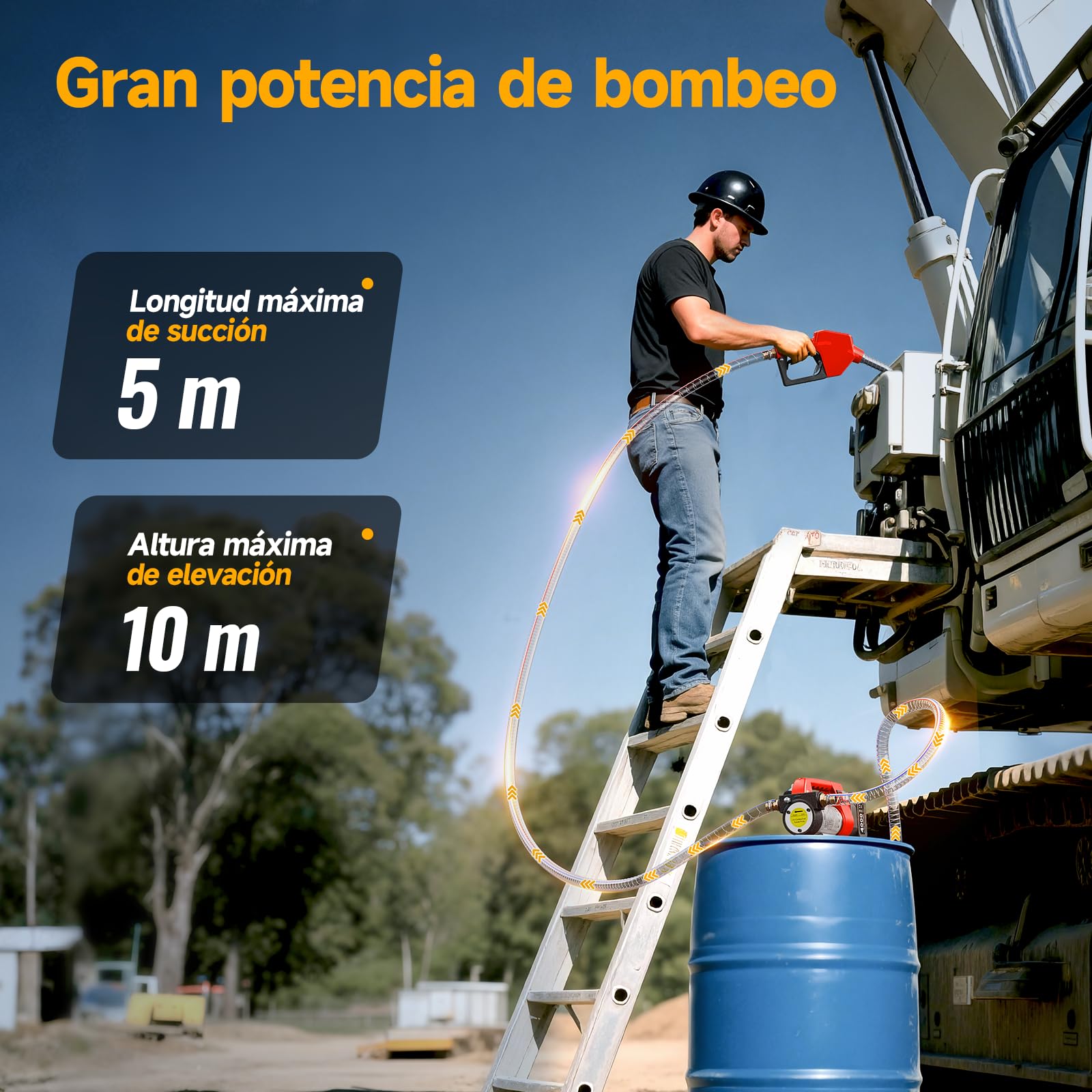 Bomba de Trasvase Diesel a Batería 21V: Caudal 45 L/min, bomba de combustible eléctricas para diésel y queroseno, con batería de 2 x 4,0 Ah, boquilla y 2 mangueras de 2 m - Para camiones y tractores
