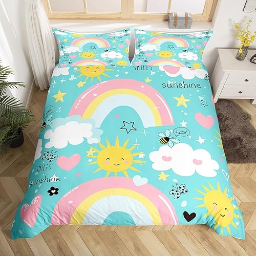 Miniatura 3 de Erosebridal Ropa de cama de arcoíris, funda de edredón Kawaii con nubes de sol, tamaño matrimonial para niñas y niños, funda de edredón de linda