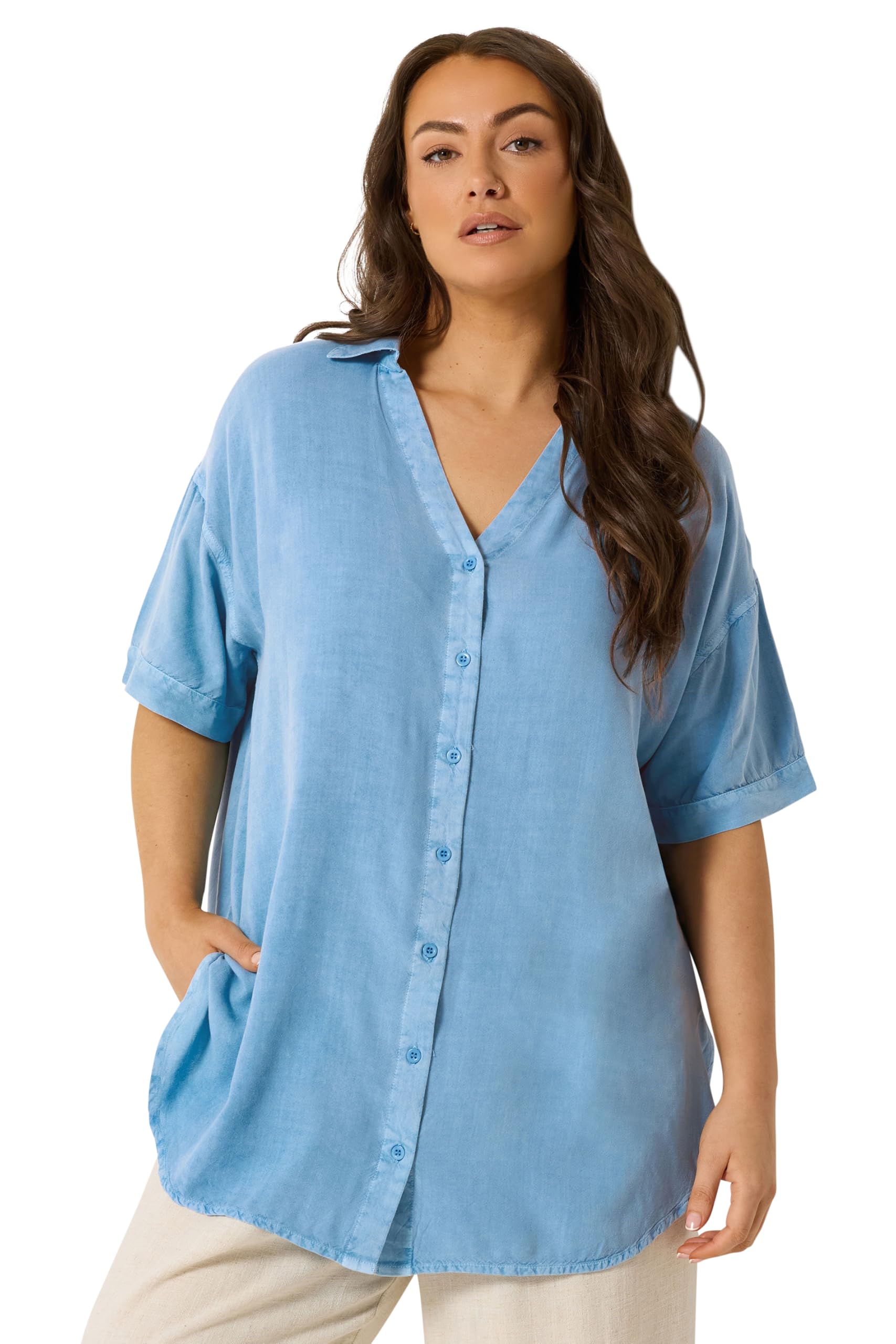Yours Women's Short Sleeve Chambray Shirt in Light Blue | Size: 22-24