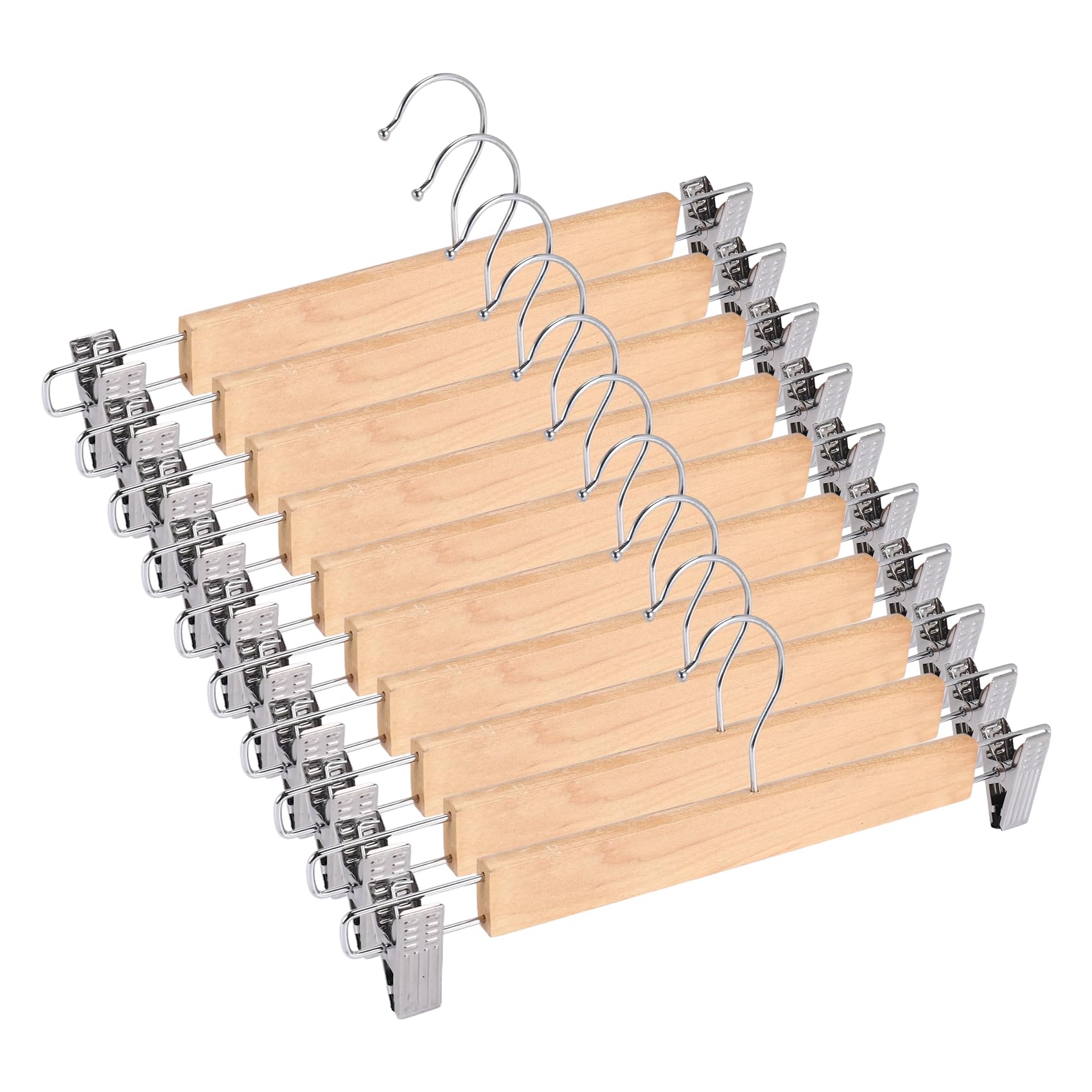 detee 10 Pack Wooden Skirt Hangers with Adjustable Clips Non-Slip Trouser Hanger Natural Finish Lotus Wood Pants Hangers 360°