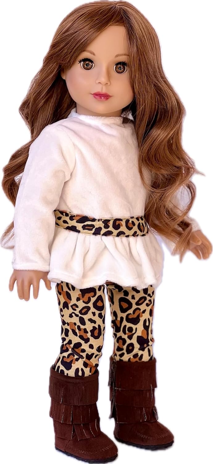 18 inch Dol Clothes - Fashion Safari - 3 Piece 18 inch Doll Outfit - Ivory Velvet Tunic, Cheetah Leggings and Fringed Boots - (Doll Not Included)