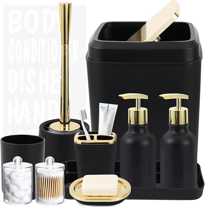 Schwarz und Gold Badezimmer Zubehör Set – 10 Stück Badezimmer Sets mit Mülleimer, Seifenspender, Seifenschale, Zahnbürstenhalter und Becher, Toilettenbürste, Qtip Halter, Badezimmer Zubehör Set
