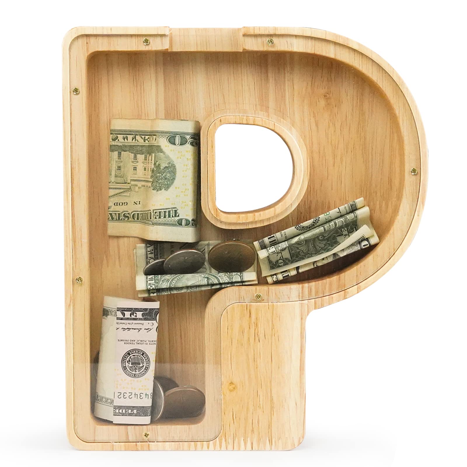 WOOD CITY Letter Piggy Bank for Adults Boys Girls Kids, Wooden 9 inch Large Personalized Bills and Coins Bank Money Box, Customized Name DIY Creative
