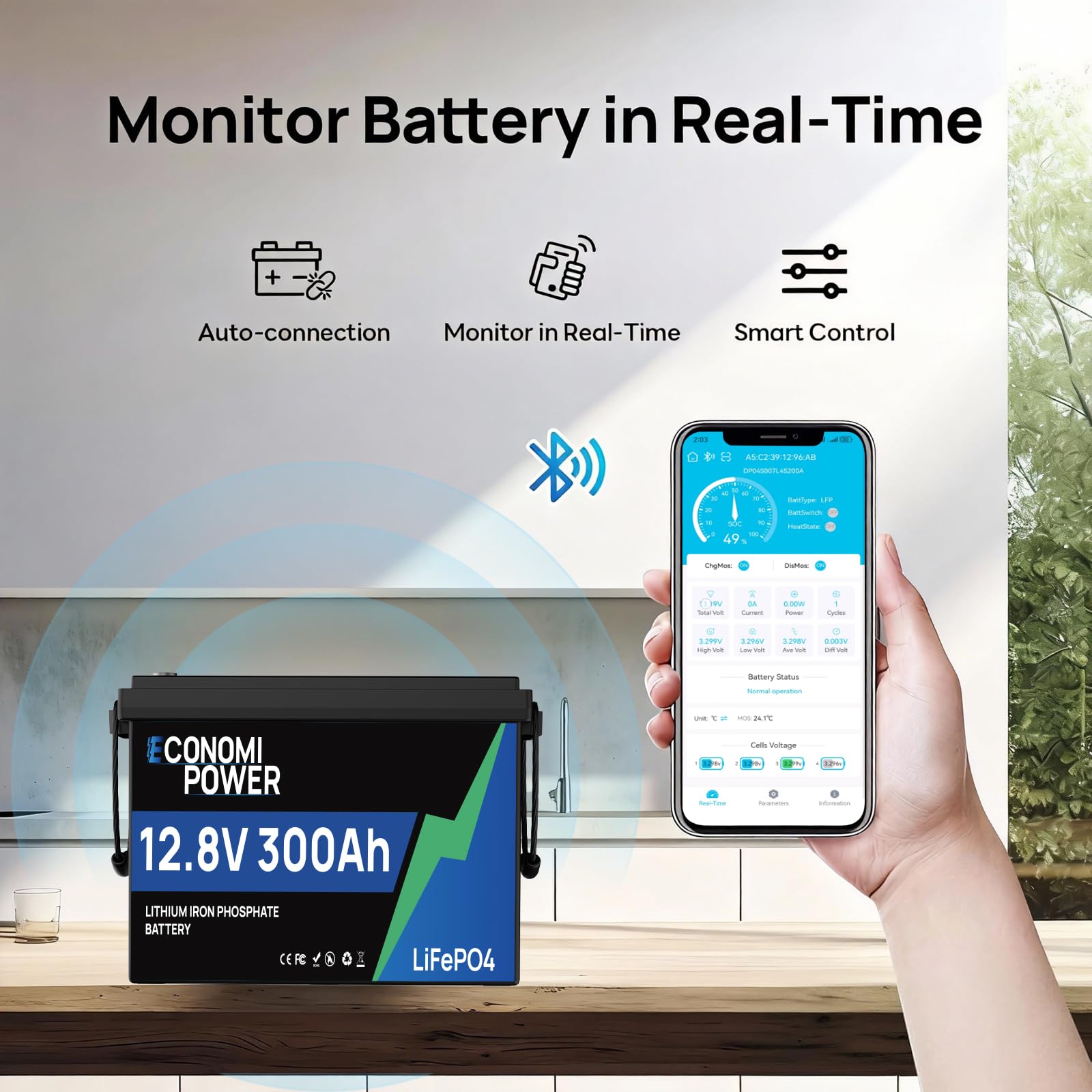 Batterie Lifepo4 300Ah 12V, EconomiPower 3840Wh batterie lithium BMS 200A, Max 15000 temps de cycle et 10 ans de durée de vie, idéal pour solaire, camping-car, d'électricité, off-grid