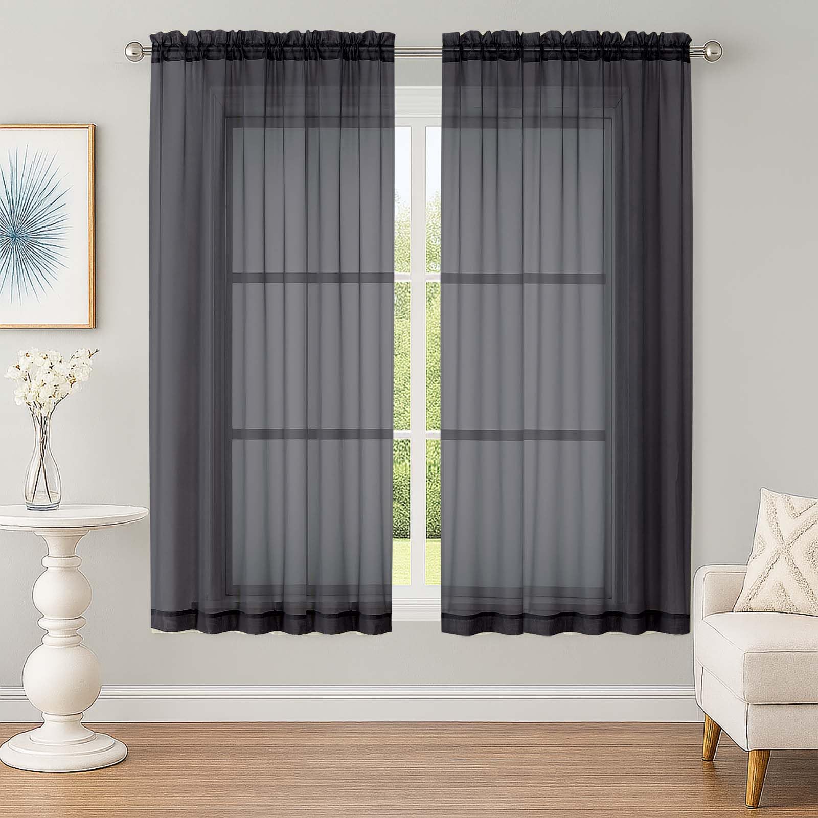 Sheer Black Curtains, Sheer Curtains 63 inch Length 2 Panels Set, Rod Pocket Voile Fimly Sheer Drapes for Living Room Bedroom, 2pcs, Black, Each 59" W x 63" L