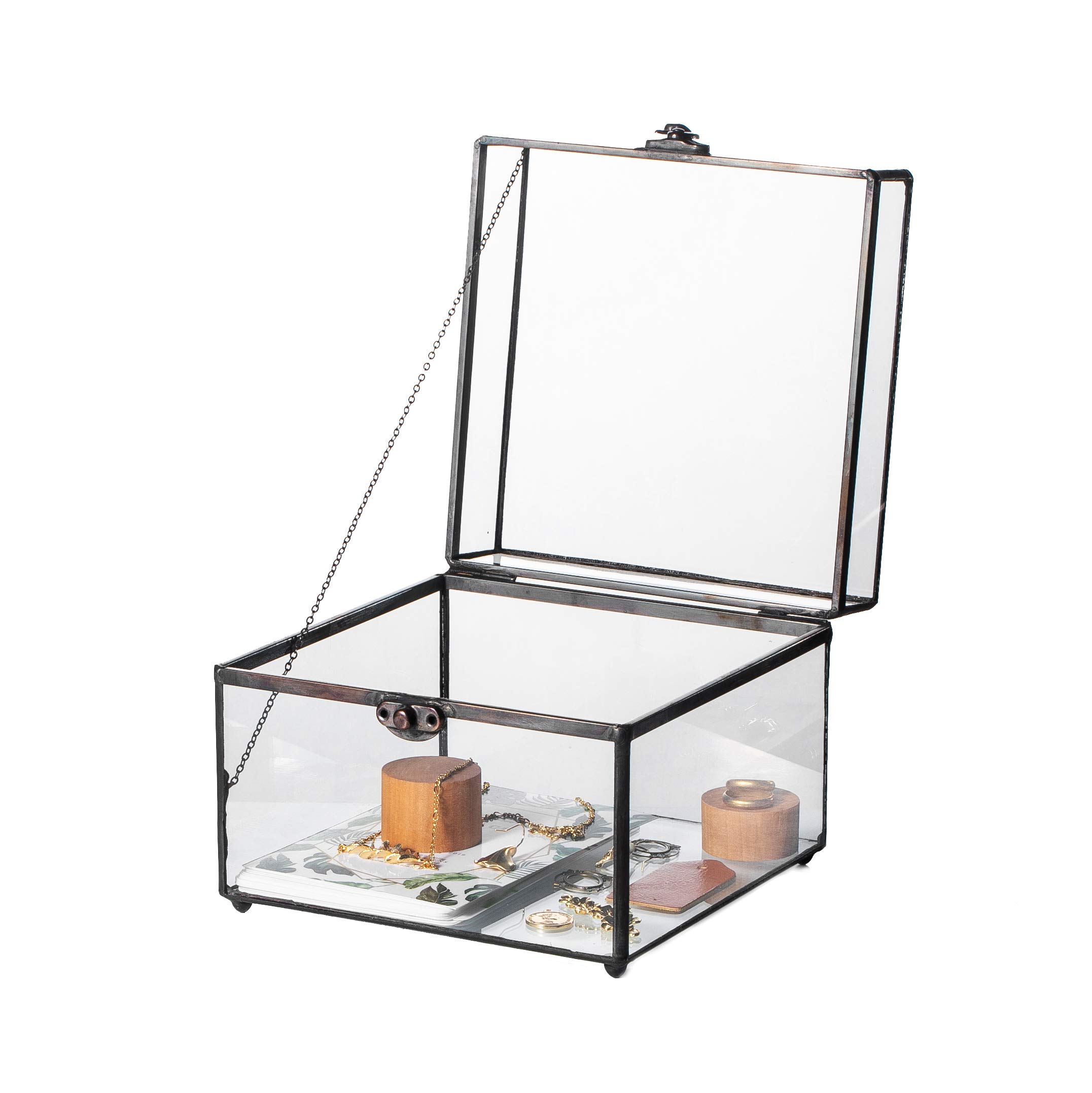NCYP 6.9" x 6.9" x 5.5" Glass Storage Box - Home Tabletop Vintage Terrarium, Black Display Organizer for Jewelry, Ring, Earring - Indoor Decorative (Glass Box Only)