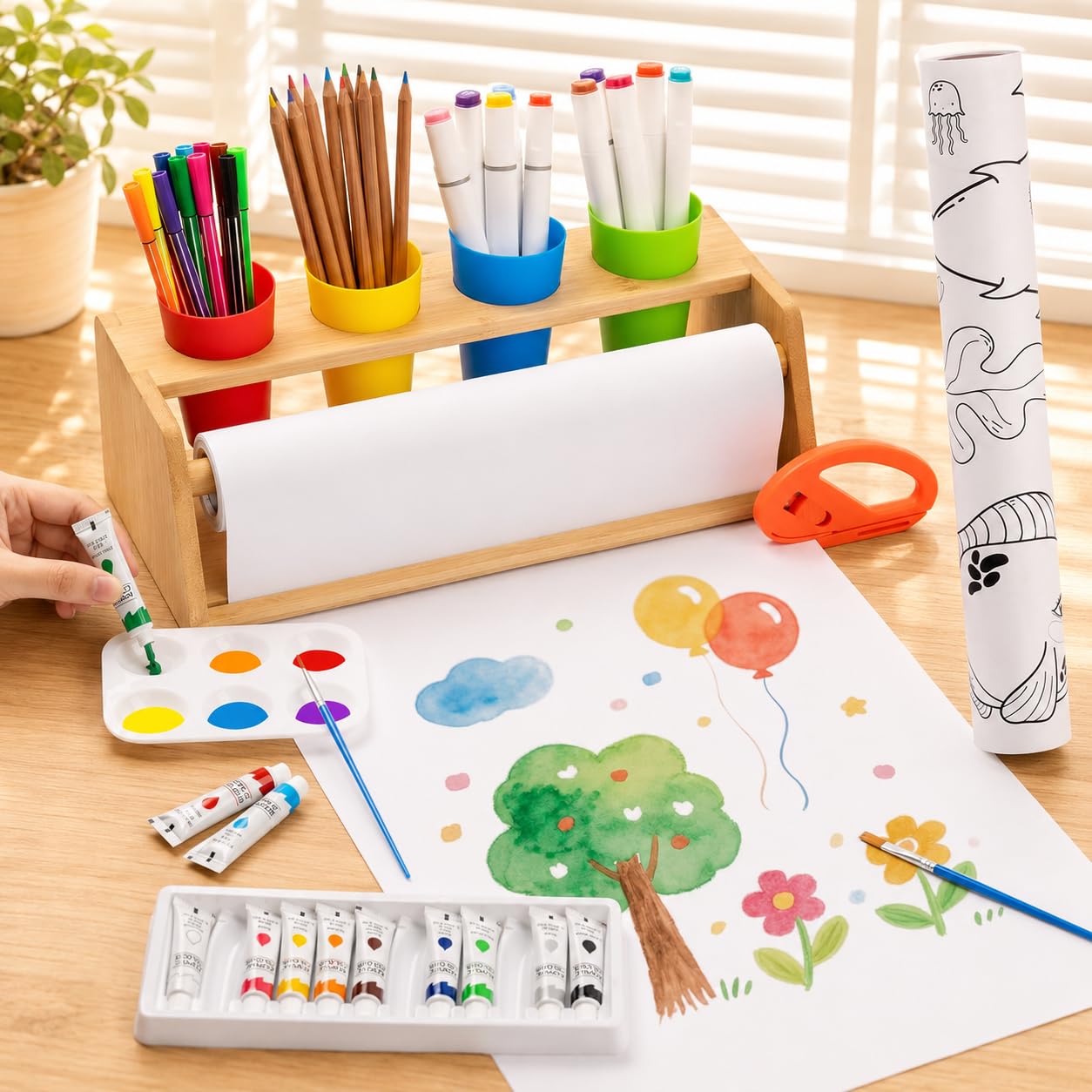 Holz Papierrollenhalter – 35-teiliges Malset mit Malrolle für Kinder, Papierrolle malen Kinder, Farben & Pinseln – Fördert die Selbstständigkeit des Kindes in der Schule und zu Hause