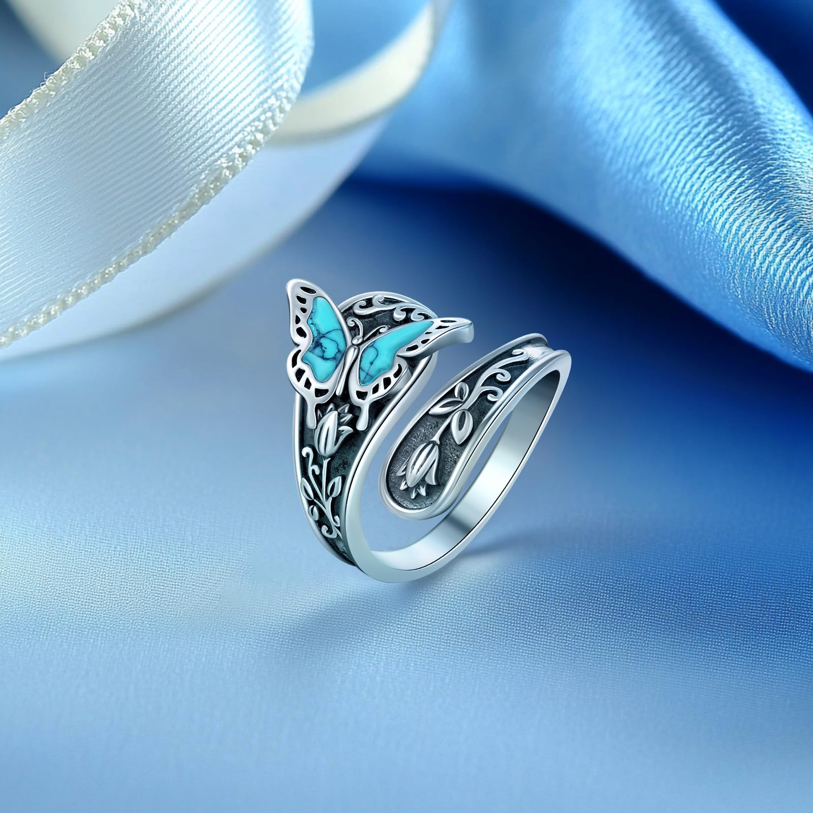Eusense Plata Esterlina Anillos Turquesa Para las Mujeres Vintage Ajustable Girasol/Pluma/Libélula/Mariposa Cuchara Anillos Boho Antiguo Declaración Anillo Joyería Regalos