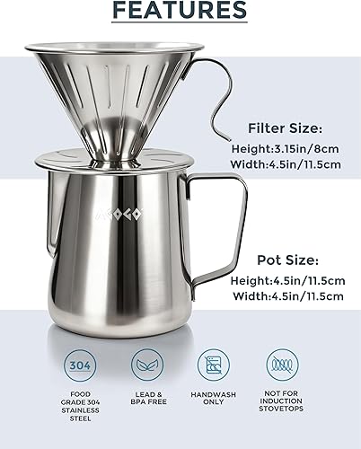 Miniatura 6 de AGOGO Juego de cafetera portátil compacto y portátil, fácil de limpiar, juego de gotero de acero inoxidable 304 para acampar y 50 filtros de papel y
