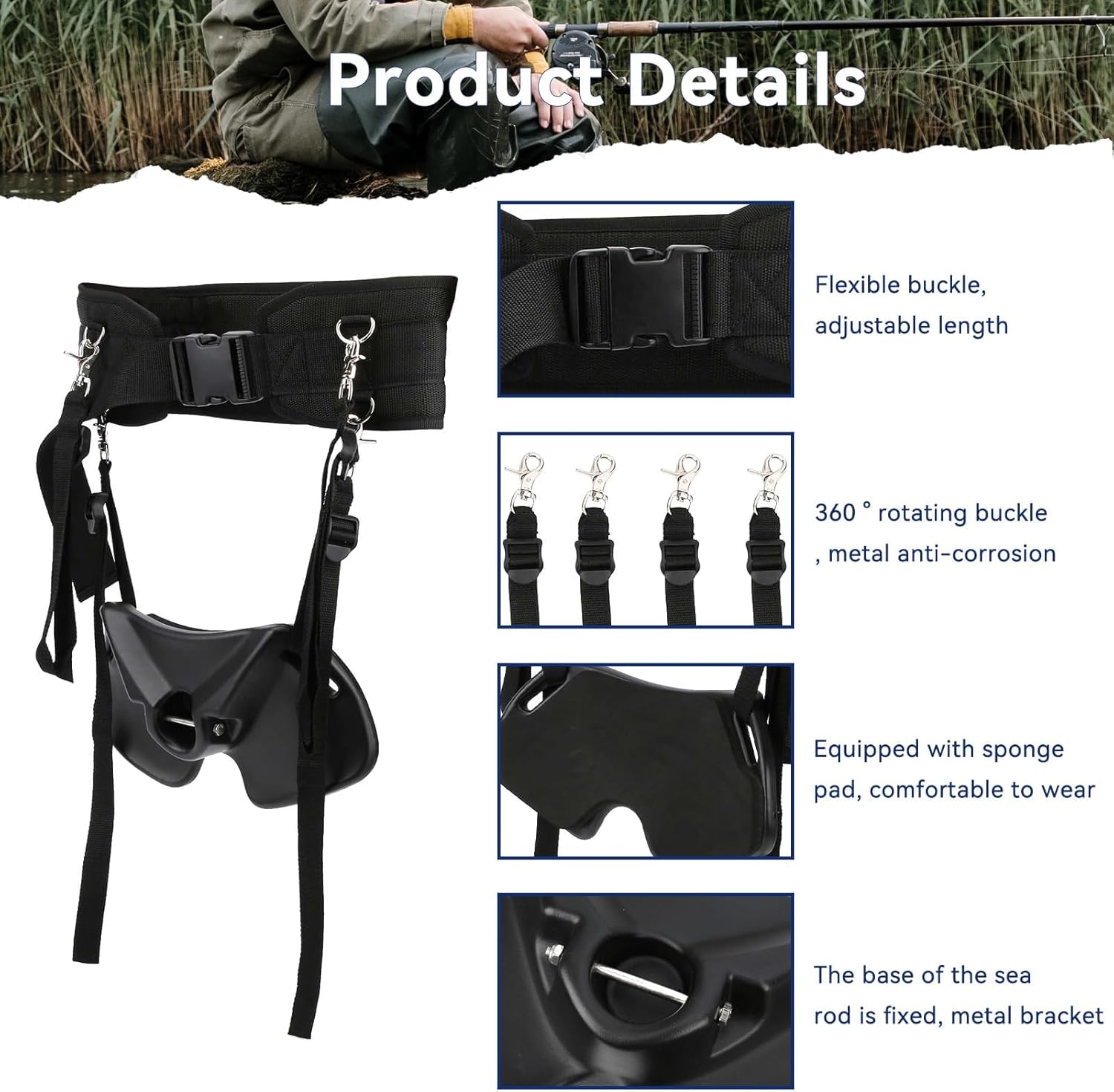 Fishing Belt Rod Holder, Adjustable Fishing Fighting Waist Belt with EVA Foam Padded Straps & Safety Buckle, Boat Fish Harness Belts Rod Holder(Black)