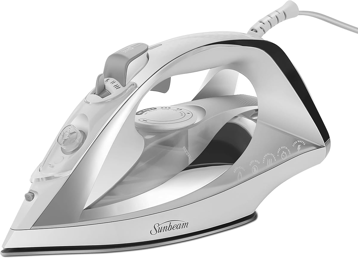 Plancha de vapor Sunbeam Turbo, 1700 vatios, suela de cerámica antiadherente, disparo de vapor horizontal o vertical, calentamiento rápido, apagado automático de 3 vías, blanco y cromo, 9,3 pulgadas de largo x 3,7 pulgadas de ancho