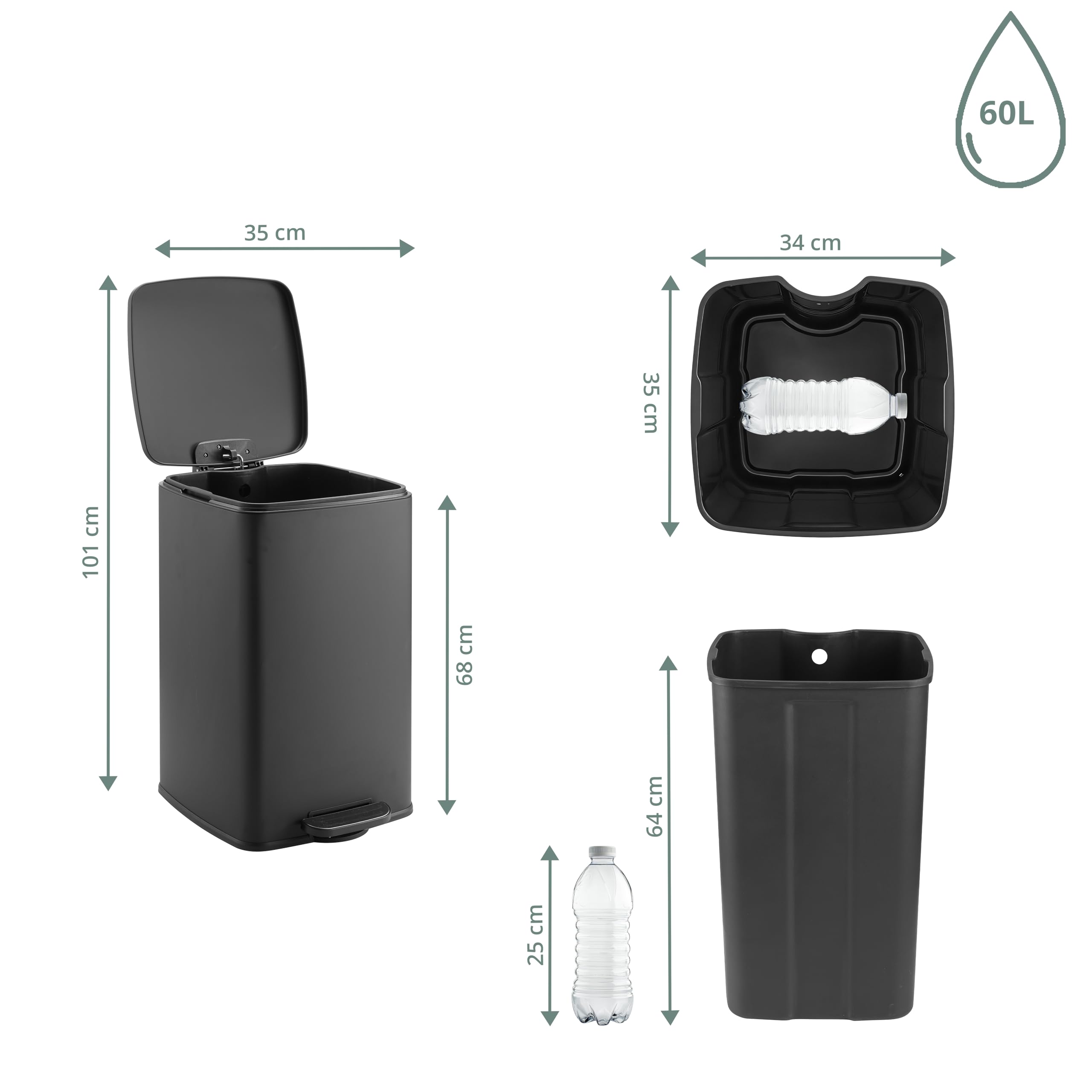 hjh OFFICE Mülleimer 60L Clean Step 4, rechteckiger Abfalleimer aus pulverbeschichtetem Stahl, hygienisch und luftdicht schließend, Fingerprint-Proof Beschichtung, Schwarz