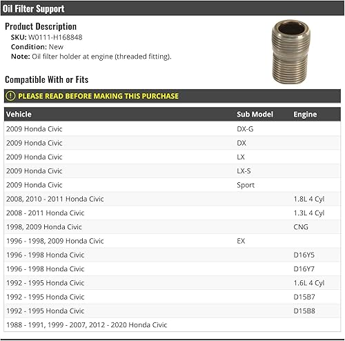 Soporte para filtro de aceite en el motor (conexión roscada), compatible con Honda Civic 1988-2020